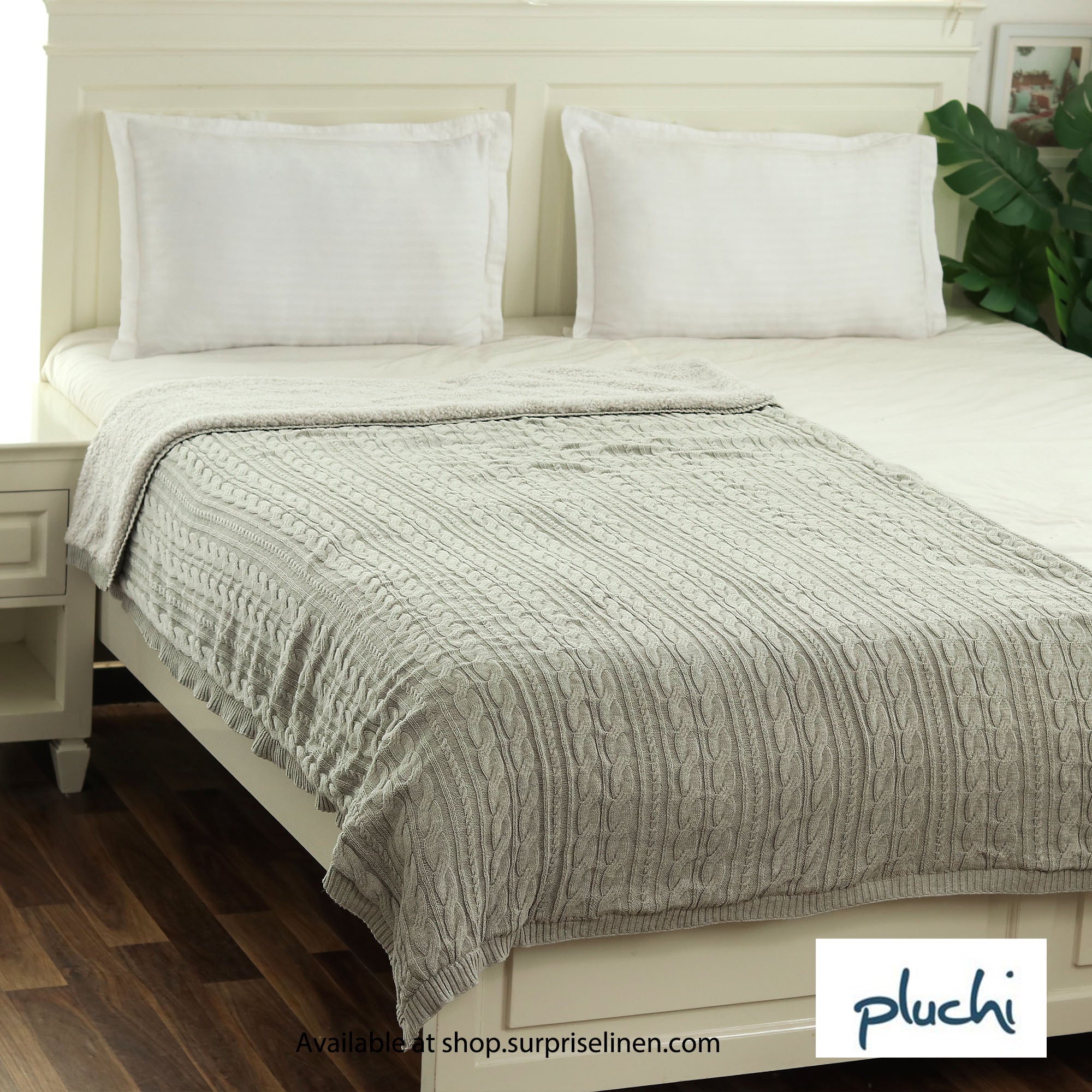 Pluchi - Arch Cable 100% Premium Cotton Knitted Single Bed Sherpa Blanket (Vanilla Grey)