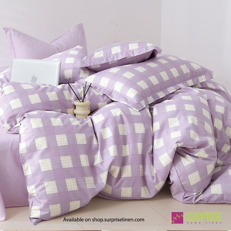 Surprise Home - Fresco Collection Lilac Check 100% Cotton 3 Pcs Bedsheet Set (Lilac Ivory)