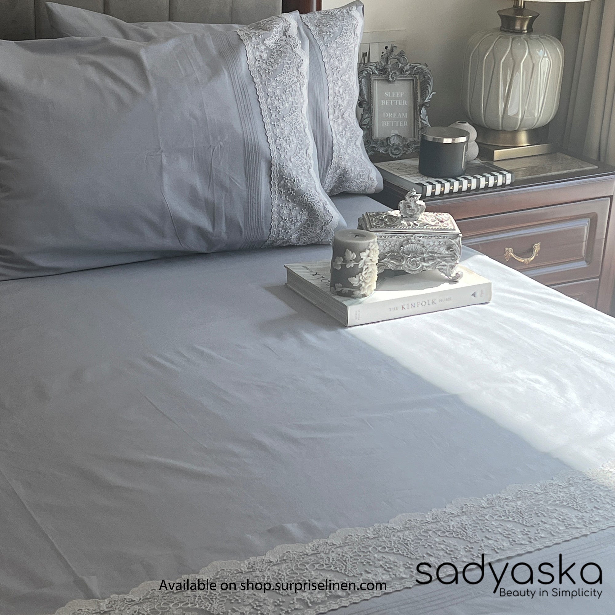 Sadyaska - Chantilly Collection Cotton Embroidered Lace Bed Sheet (Slate)