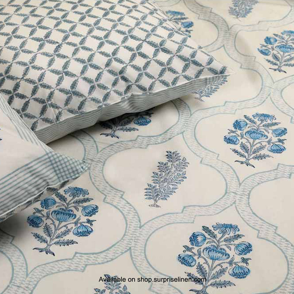 Surprise Home - Etonner Block Print Collection 300 TC Cotton Hydrange Cypress Blue Bedsheet Set