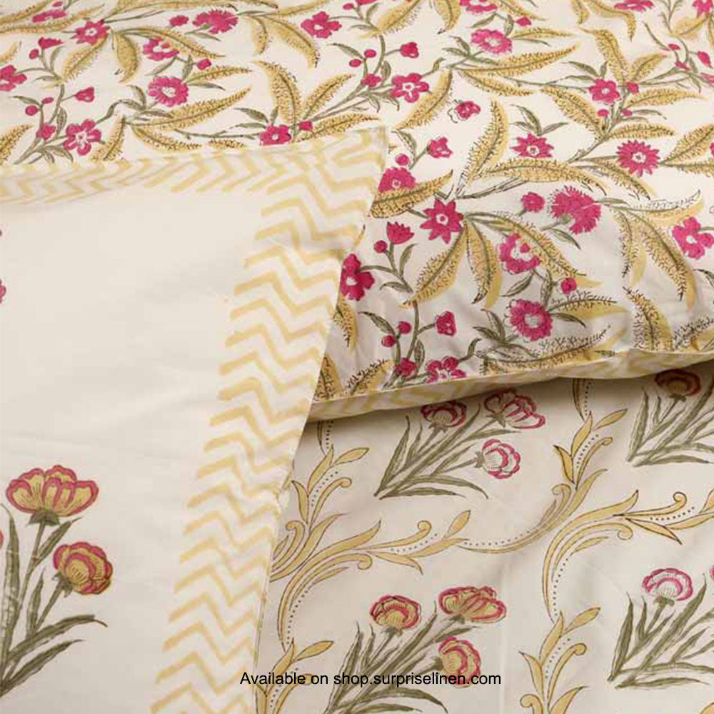 Surprise Home - Etonner Block Print Collection 300 TC Cotton Flower Jal Yellow Bedsheet Set