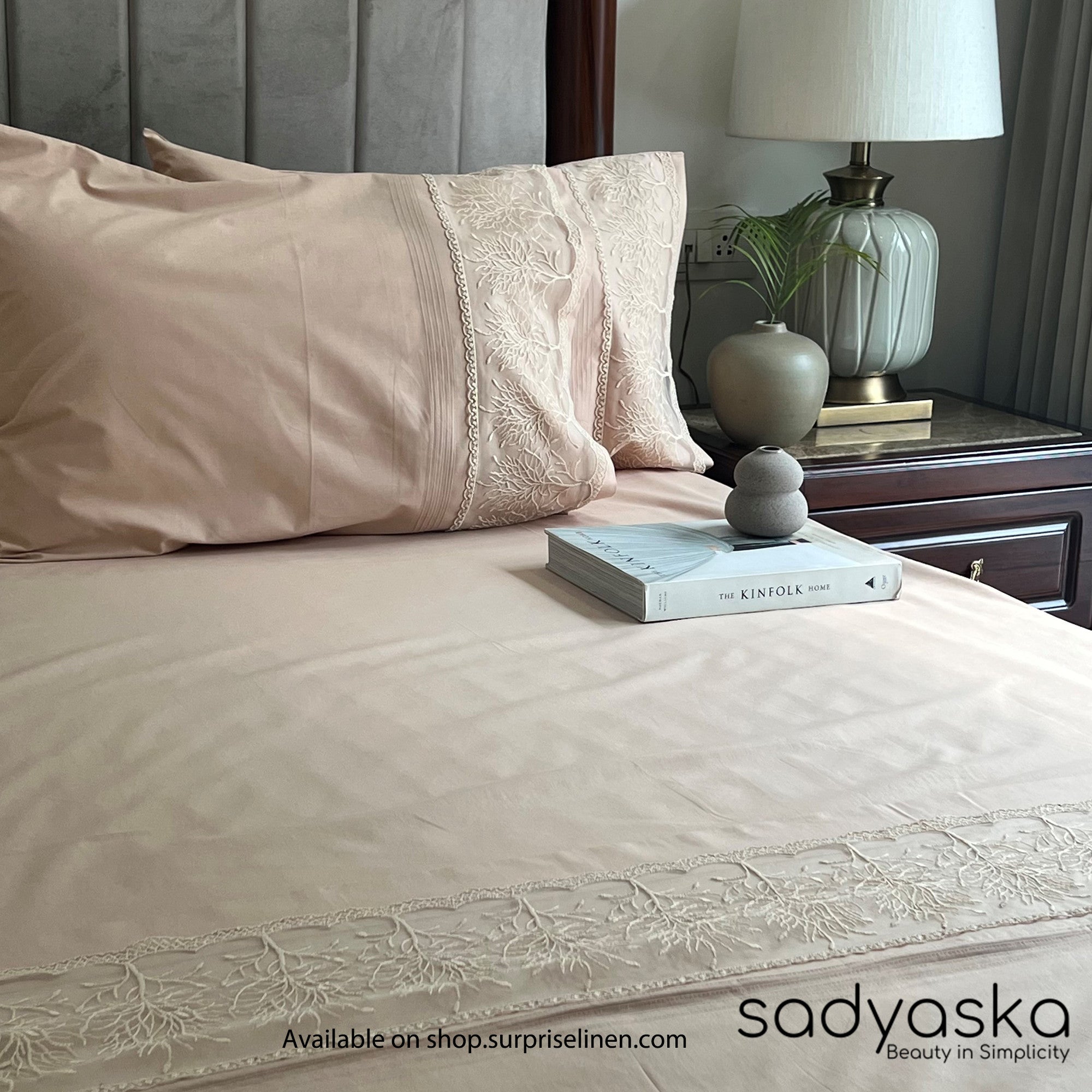 Sadyaska - Chantilly Collection Cotton Embroidered Lace Bed Sheet (Sand)