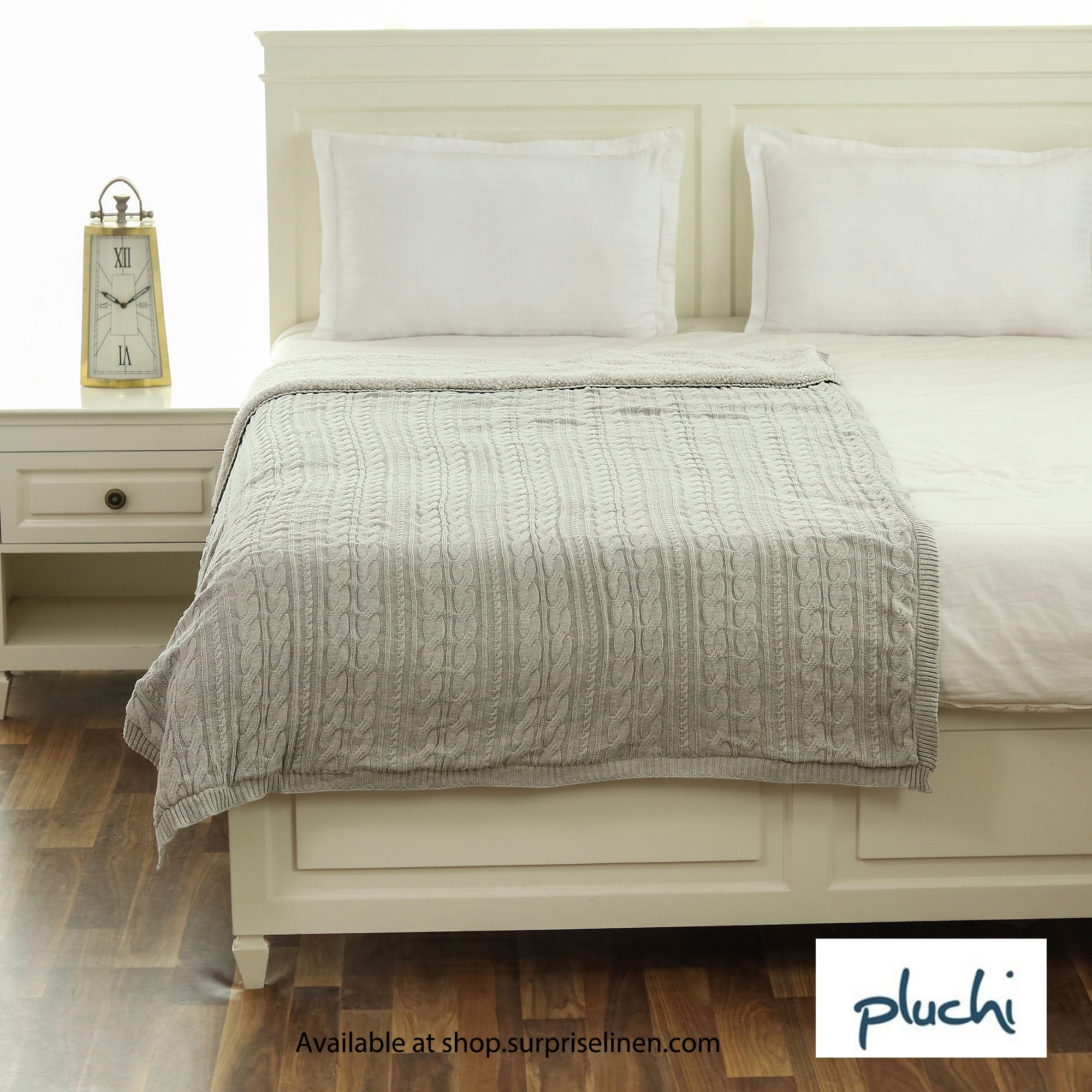 Pluchi - Arch Cable 100% Premium Cotton Knitted Single Bed Sherpa Blanket (Vanilla Grey)