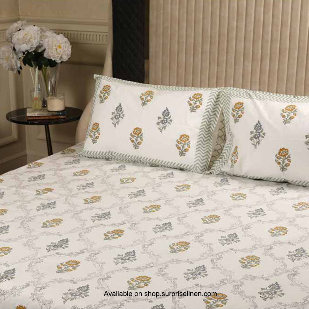 Surprise Home - Etonner Block Print Collection 300 TC Cotton Flower Jal Citrine Bedsheet Set