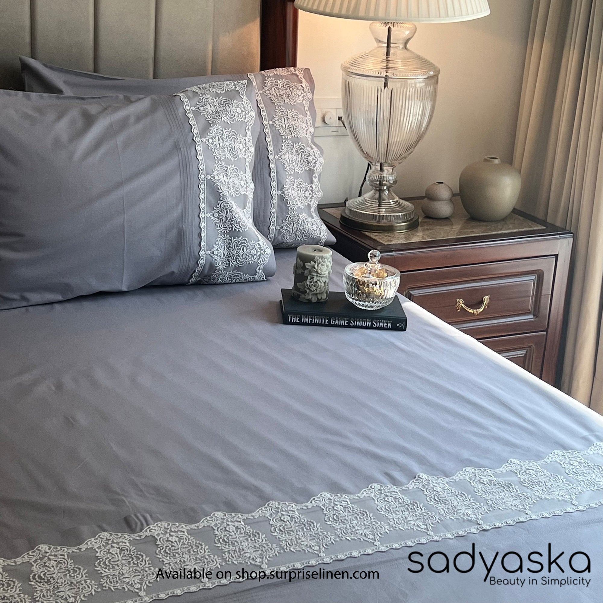 Sadyaska - Chantilly Collection Cotton Embroidered Lace Bed Sheet (Elephant Grey)