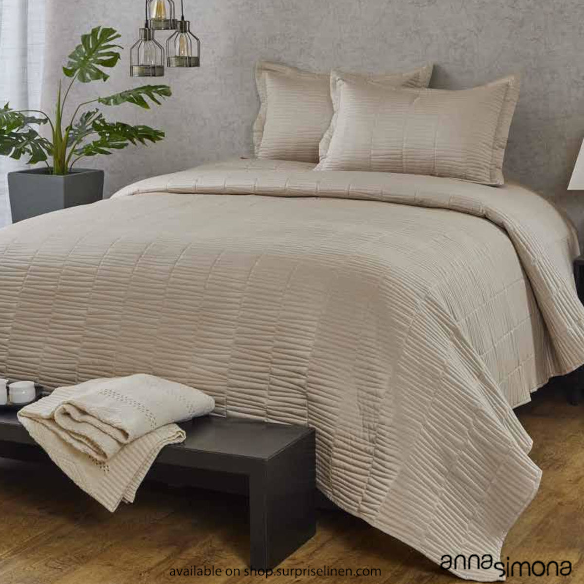 Anna Simona - Clinton 3 Pcs 400 TC Cotton Satin Bed Cover Set (Buff)
