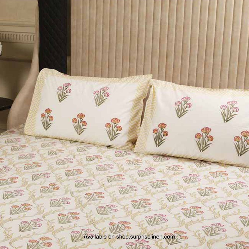 Surprise Home - Etonner Block Print Collection 300 TC Cotton Flower Jal Yellow Bedsheet Set