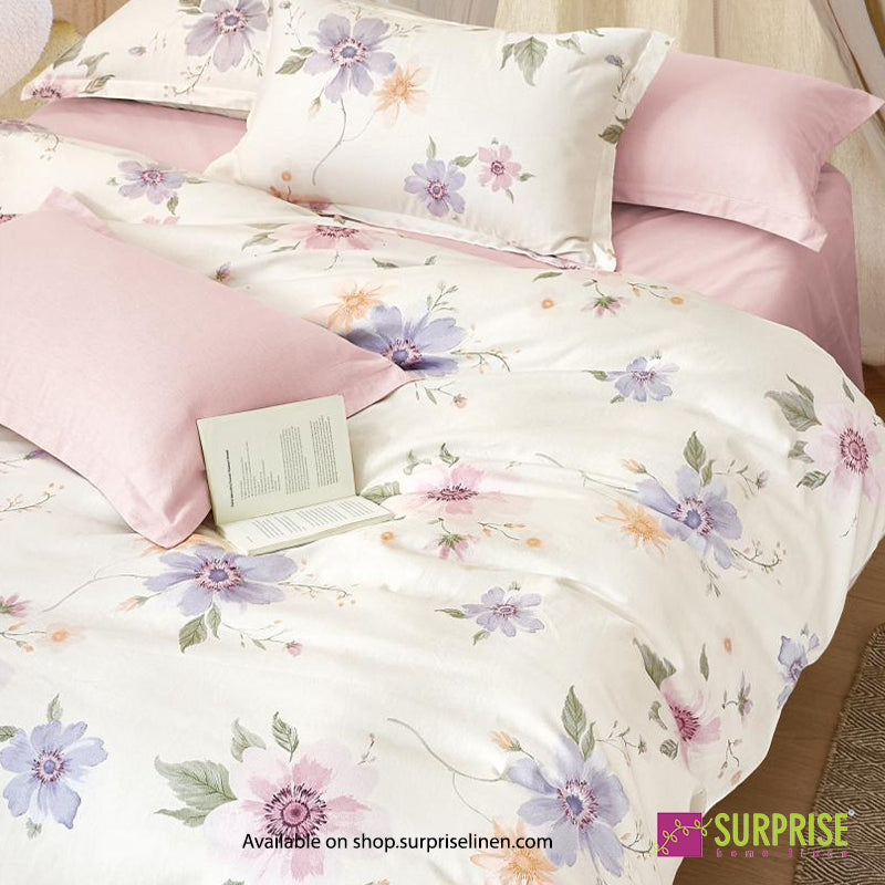 Surprise Home - Fresco Collection Ivory Cosmos 100% Cotton 3 Pcs Bedsheet Set (Ivory Lavender)