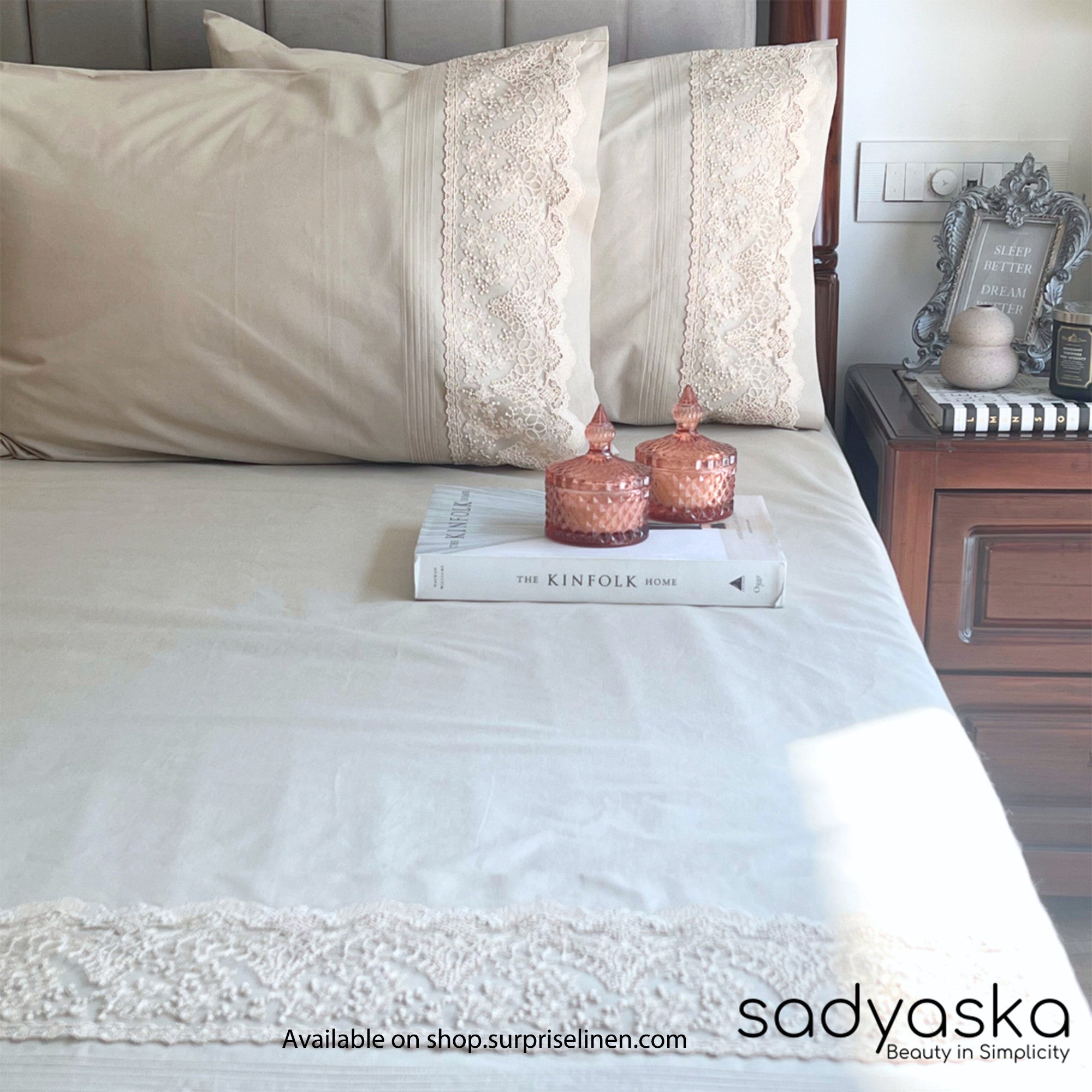 Sadyaska - Chantilly Collection Cotton Embroidered Lace Bed Sheet (Oats Beige)
