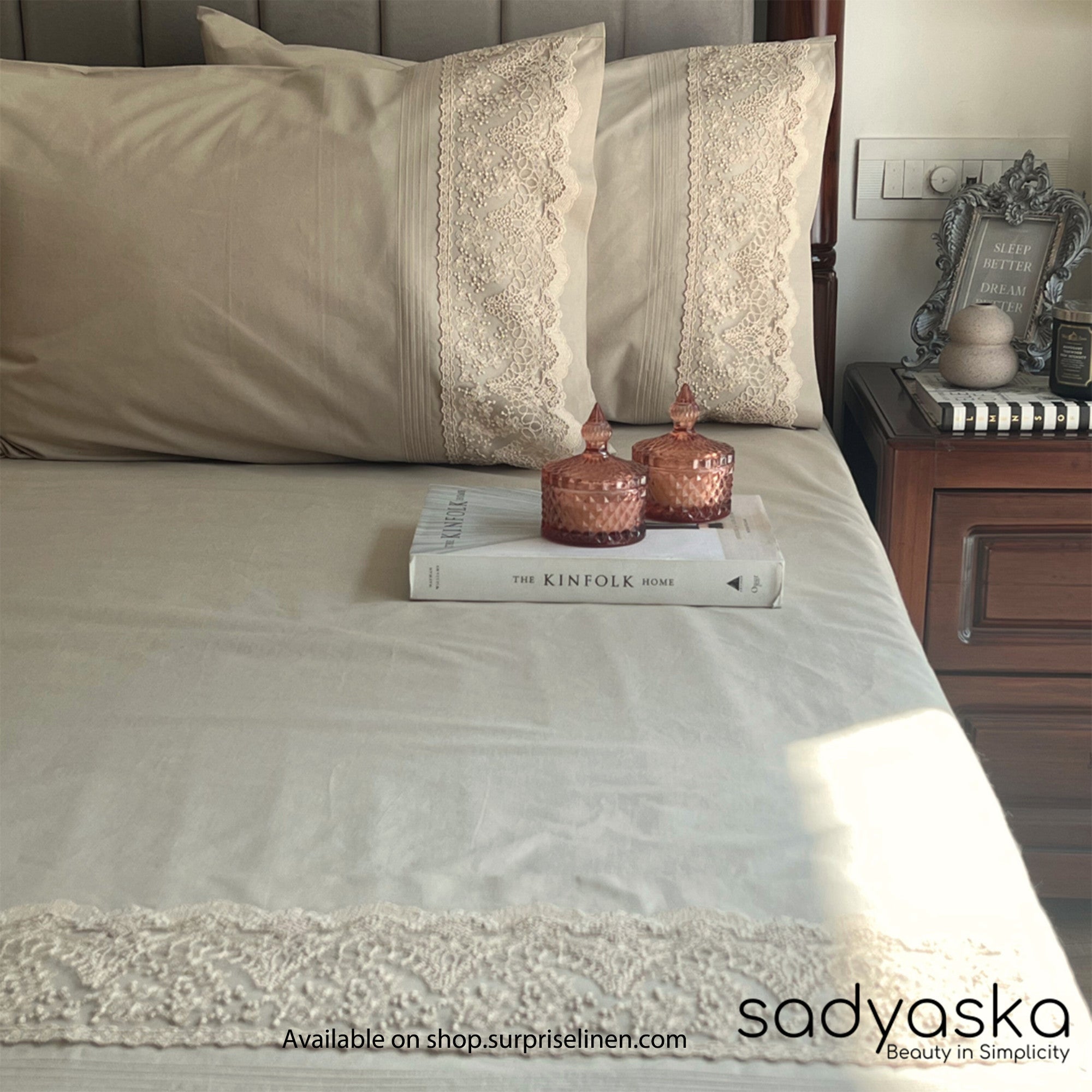 Sadyaska - Chantilly Collection Cotton Embroidered Lace Bed Sheet (Desert Beige)