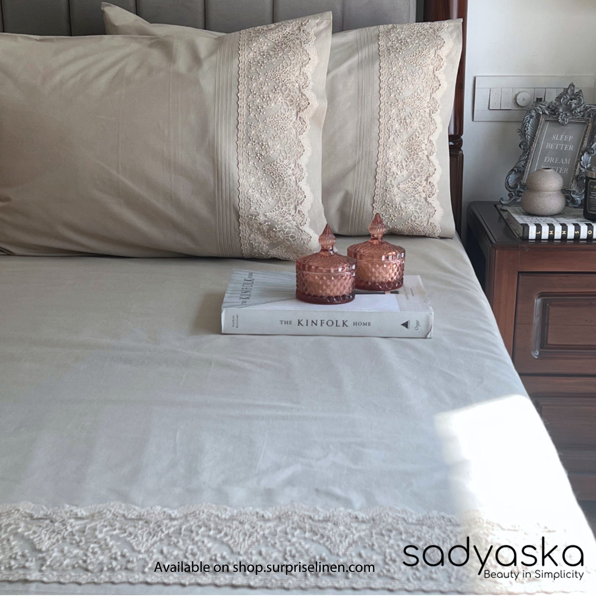 Sadyaska - Chantilly Collection Cotton Embroidered Lace Bed Sheet (Beige)