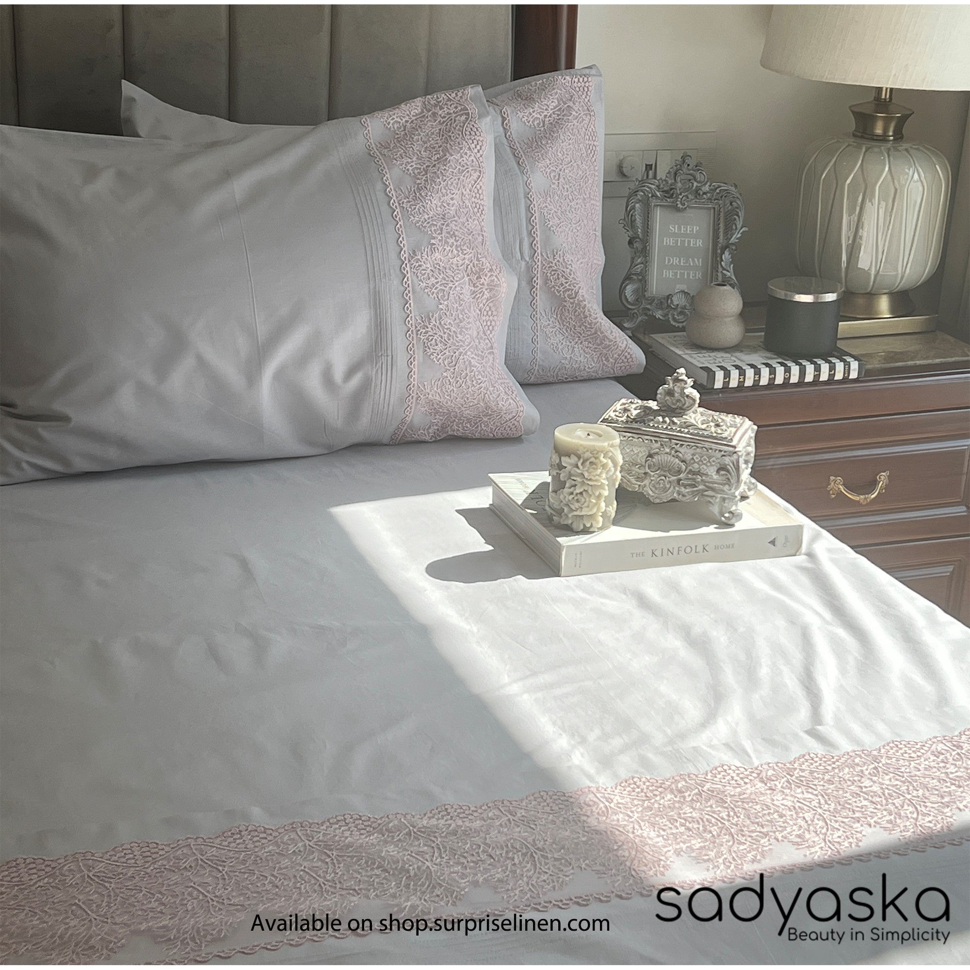 Sadyaska - Chantilly Collection Cotton Embroidered Lace Bed Sheet (Pearl Grey)