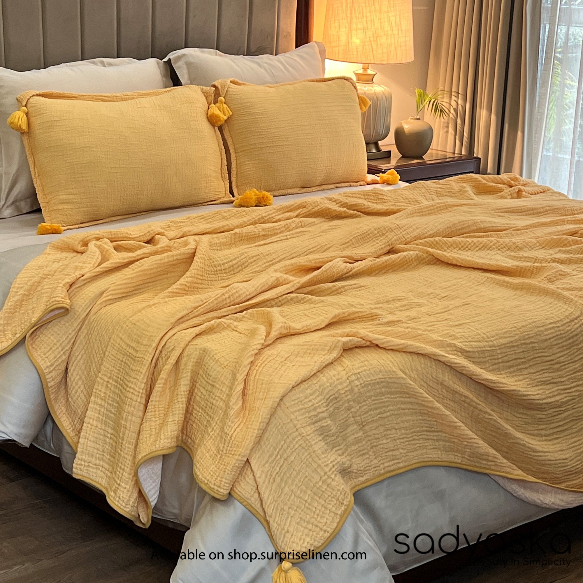 Sadyaska - Meraki Collection 100% Cotton Woven Double Bed Cover Set (Yellow)