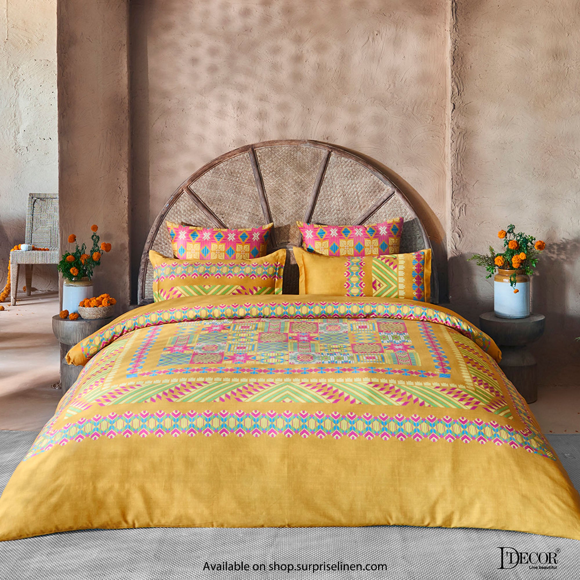 D'Decor - Phulkari Collection Ochre Bed Sheet Set