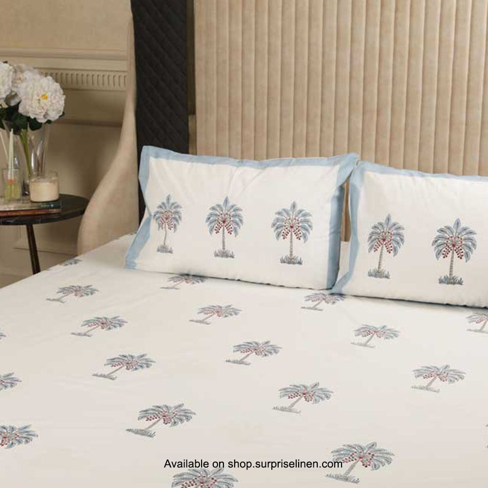 Surprise Home - Etonner Block Print Collection 300 TC Cotton Coconut Tree Blue Bedsheet Set