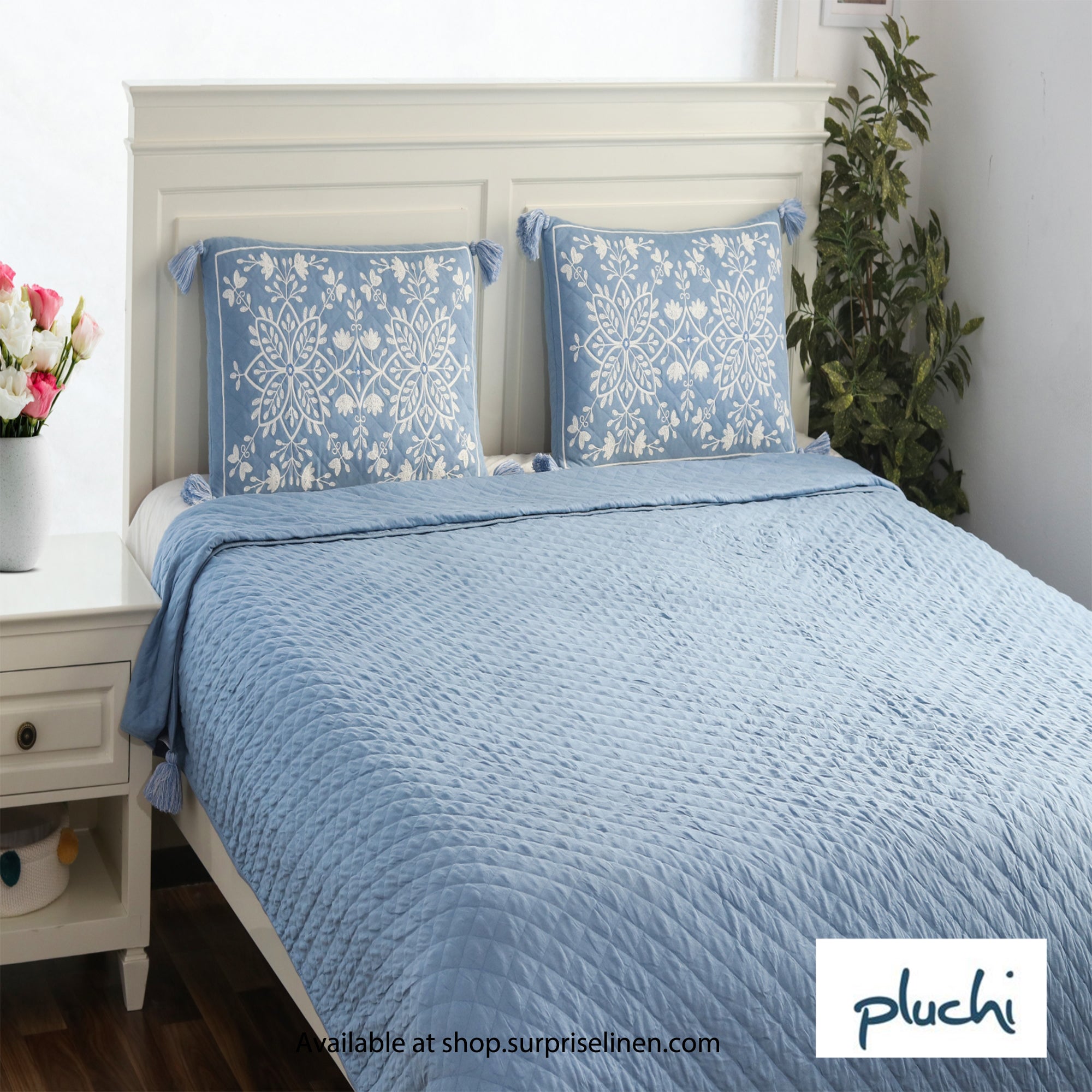Pluchi - Floraison Cotton knitted Bed Cover Set (Blue)