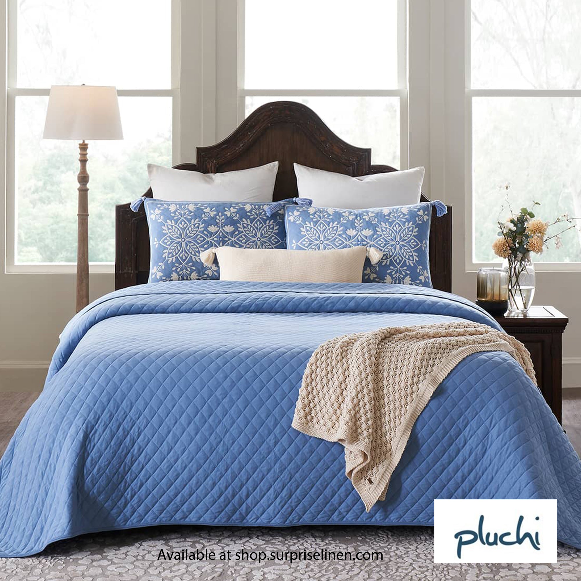 Pluchi - Floraison Cotton knitted Bed Cover Set (Blue)