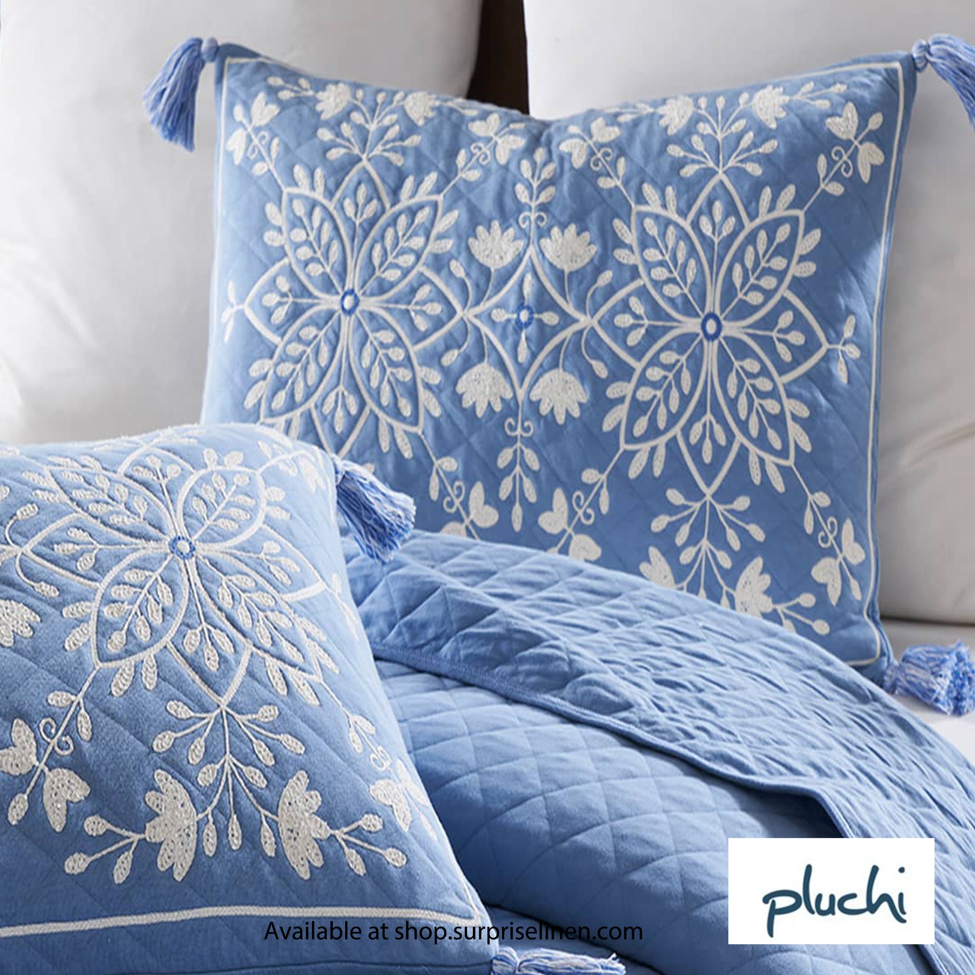 Pluchi - Floraison Cotton knitted Bed Cover Set (Blue)