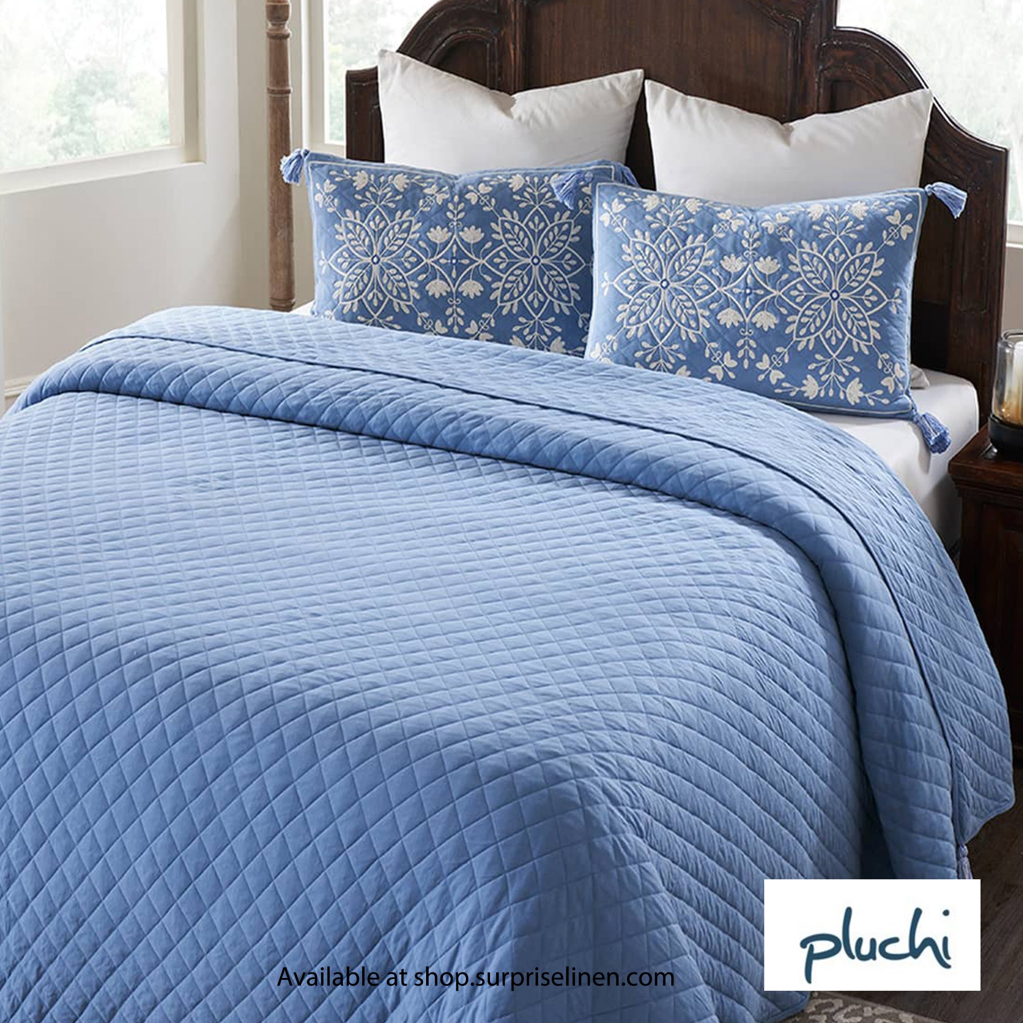 Pluchi - Floraison Cotton knitted Bed Cover Set (Blue)