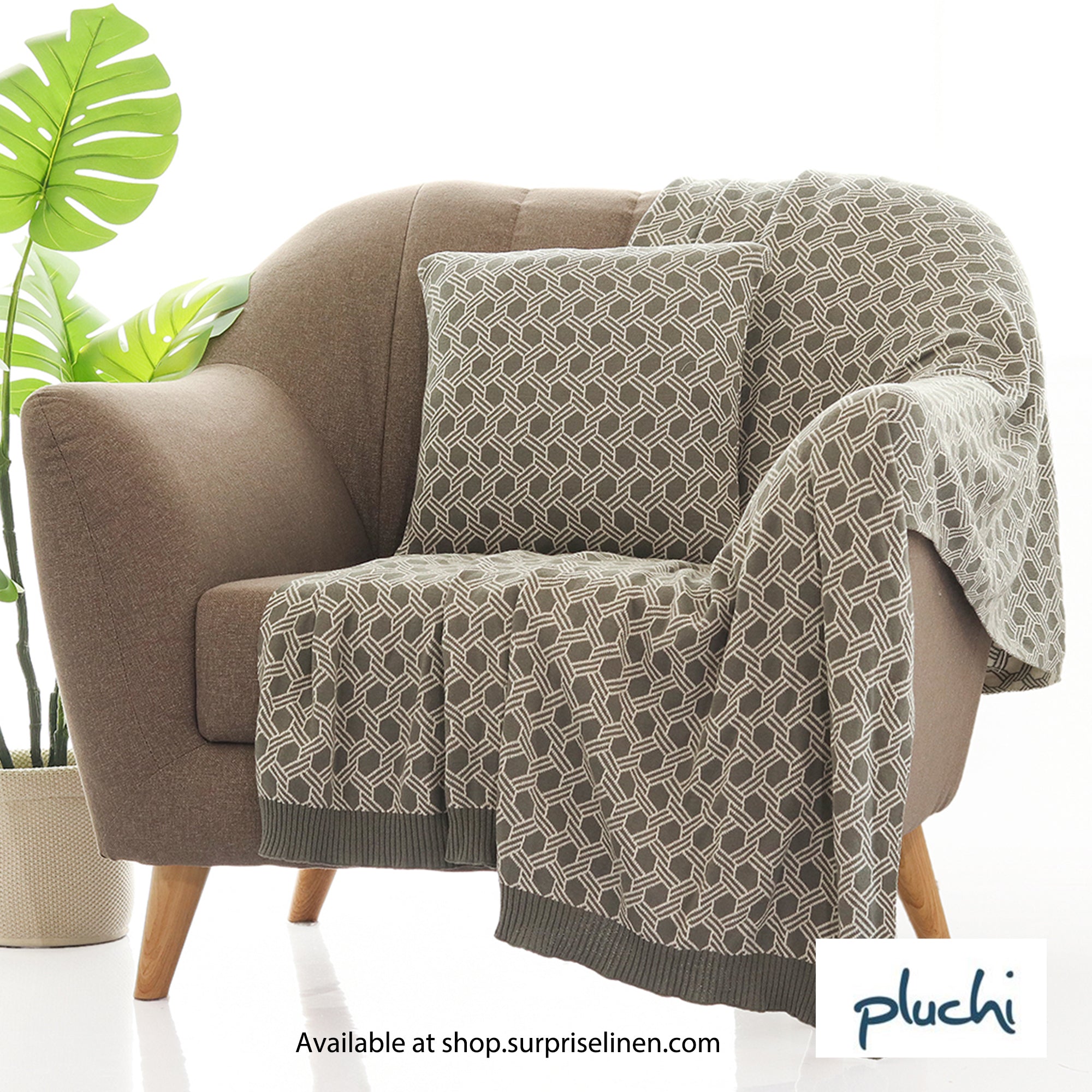 Pluchi - Geometric Cotton Knitted All Season Ac Throw Blanket (Fossil)