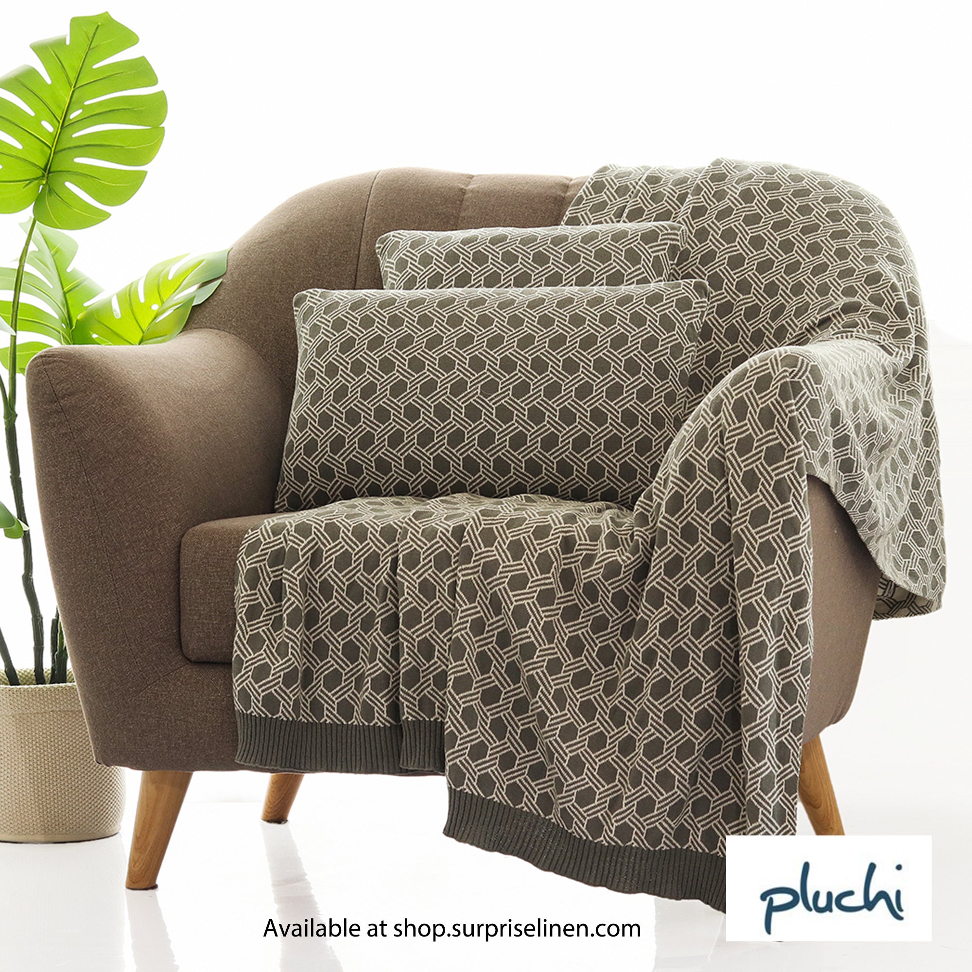 Pluchi - Geometric Cotton Knitted All Season Ac Throw Blanket (Fossil)