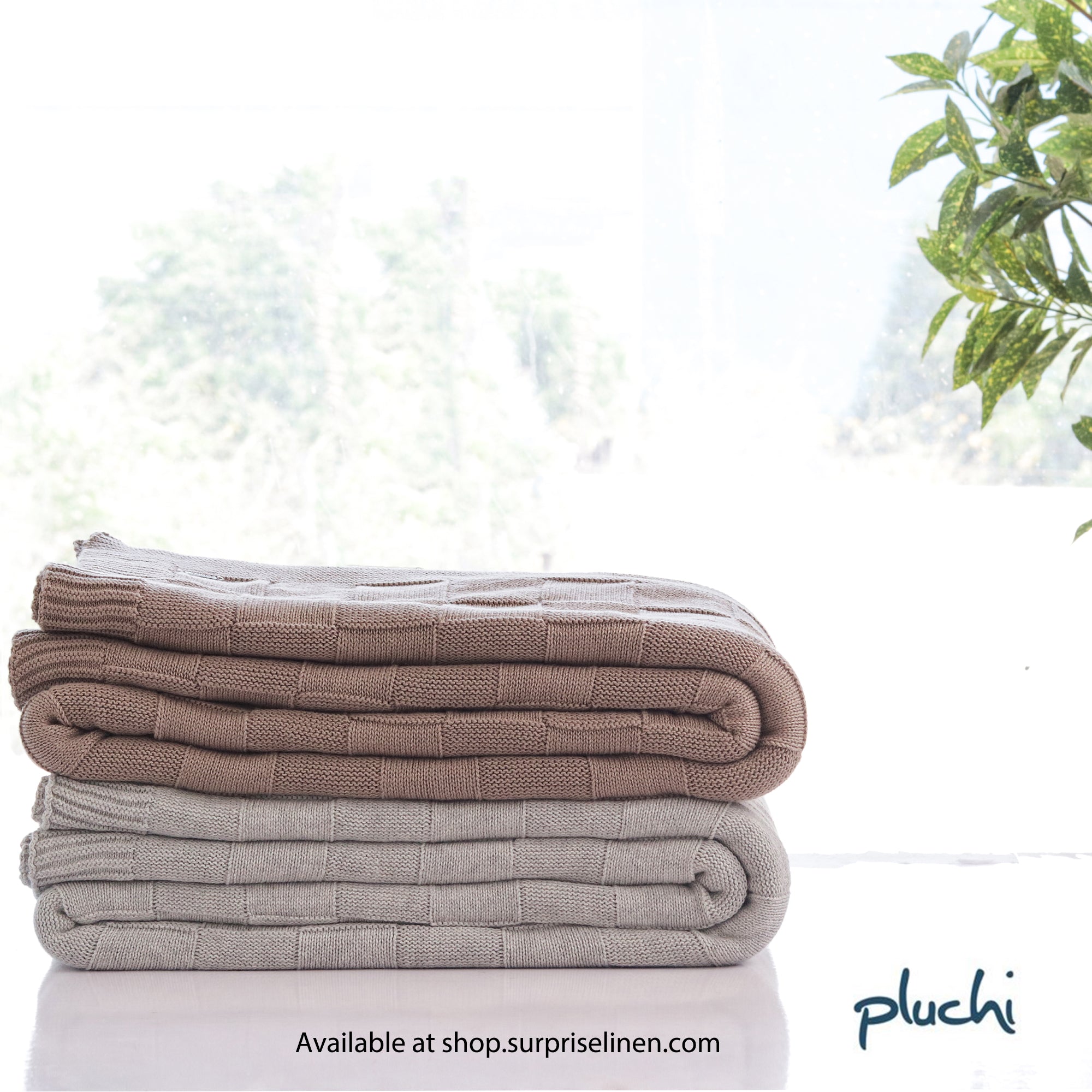 Pluchi - Square Checks 100% Cotton Knitted AC Blanket For Round The Year Use (Vanilla Grey)
