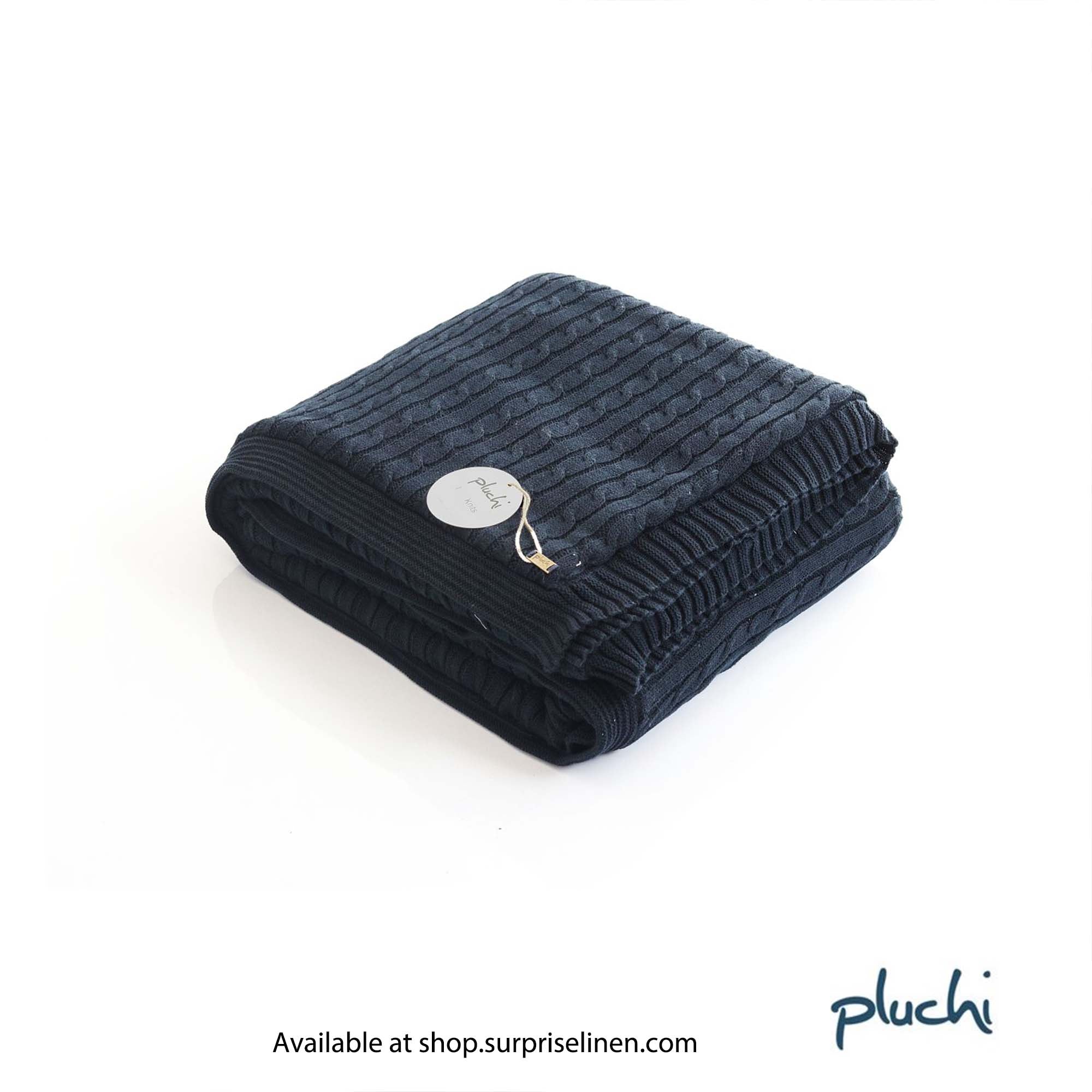 Pluchi - Mini Cable Knit Cotton Knitted Throw Blanket with Warm Sherpa Fabric Back (Navy)