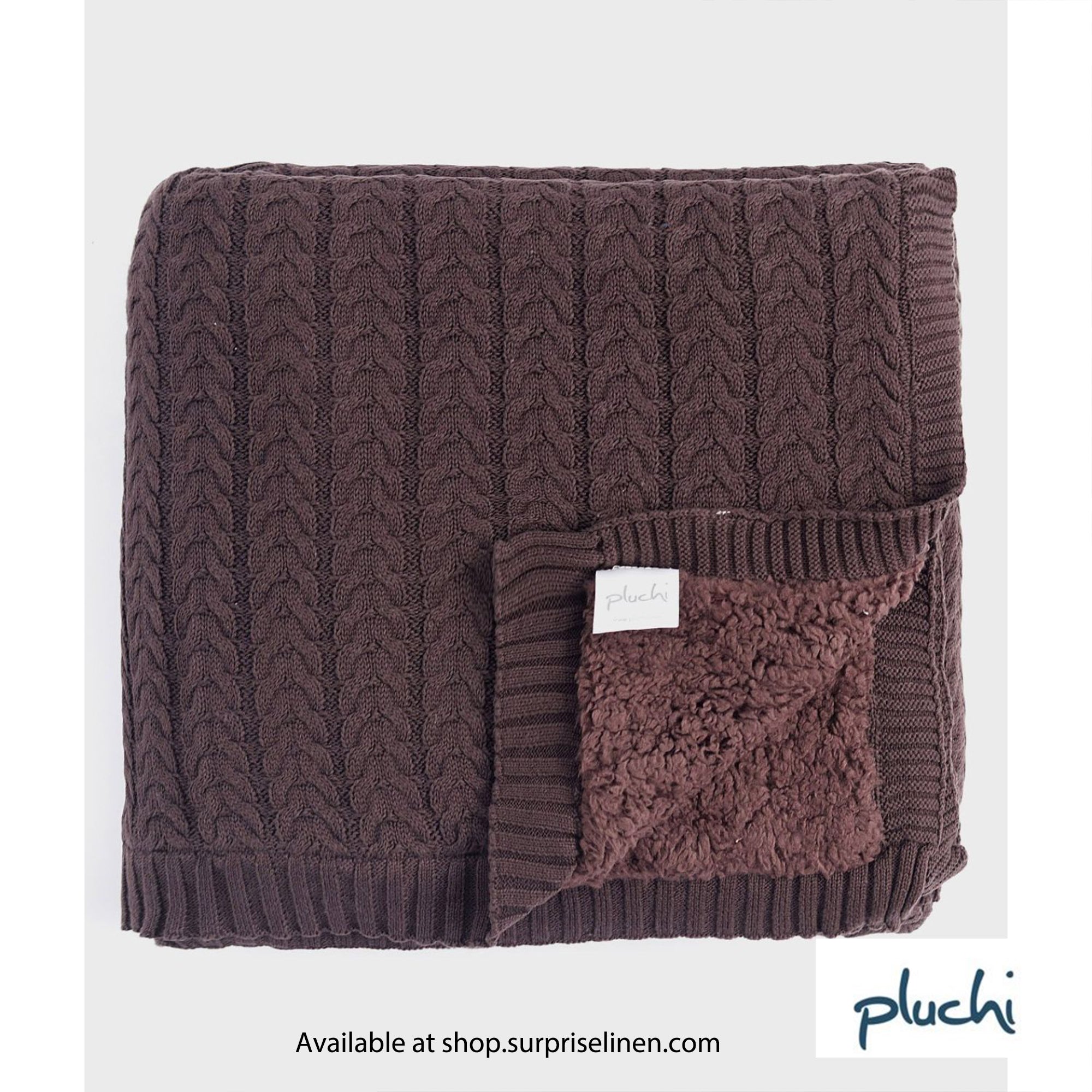 Pluchi - Mini Cable Knit Cotton Knitted Throw Blanket with Warm Sherpa Fabric Back (Brown)