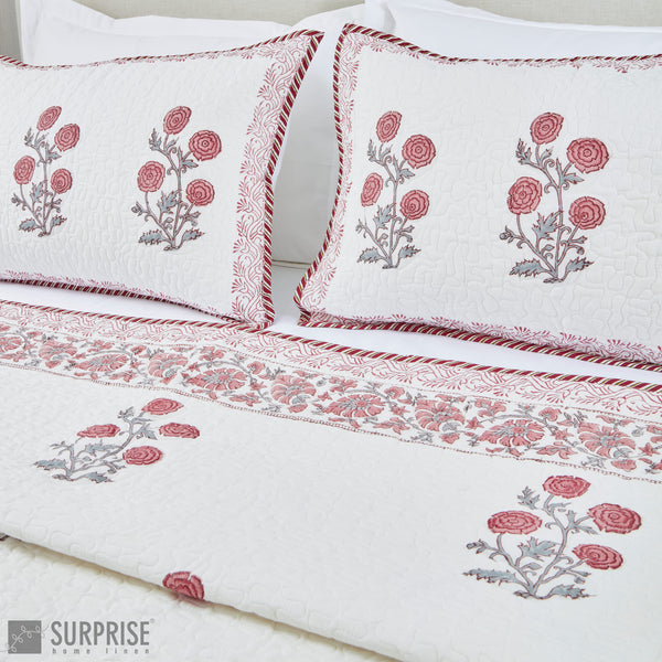 Surprise Home - Hand Block Printed Bed Covers (White & Pink)