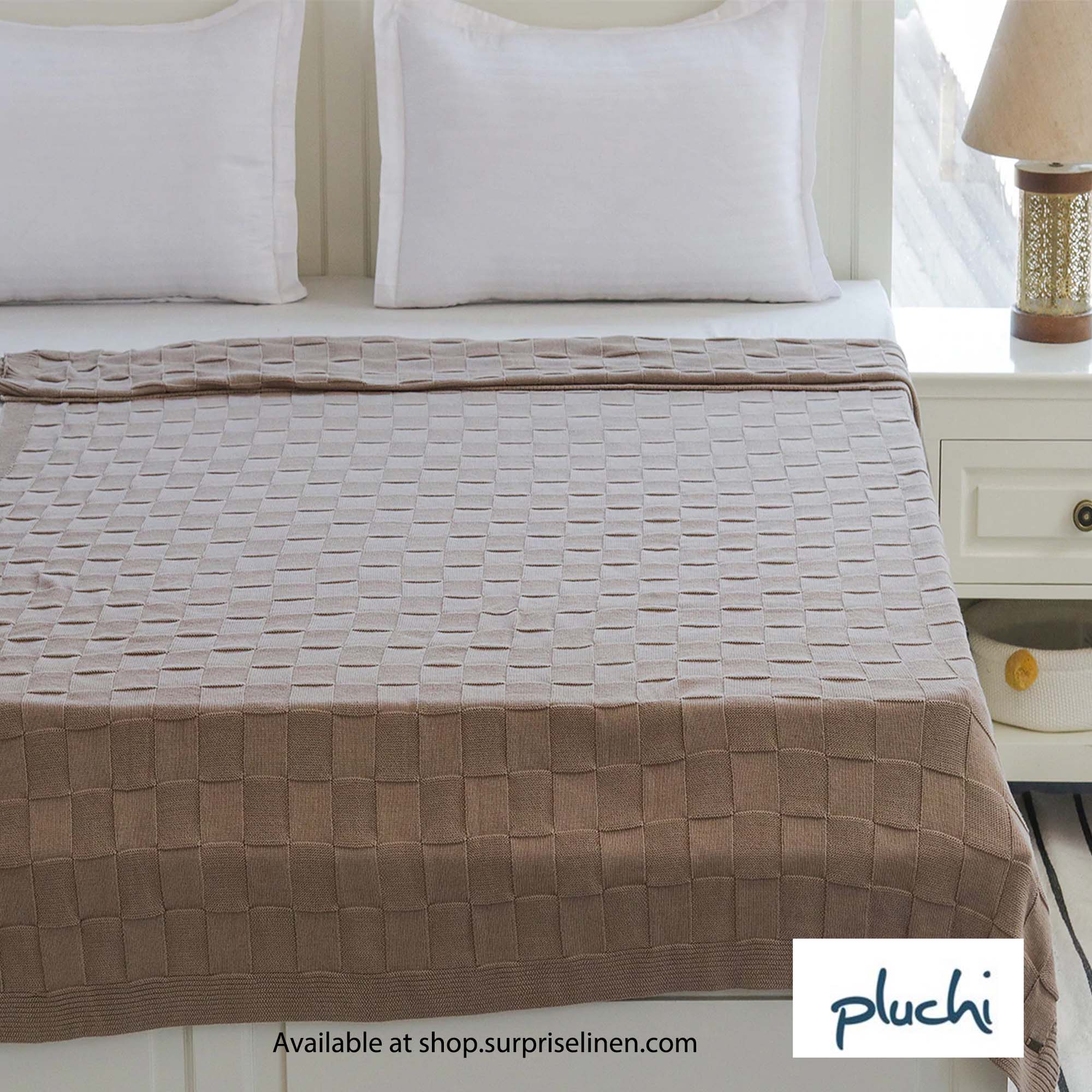 Pluchi - Square Checks 100% Cotton Knitted AC Blanket / Dohar for Round the Year Use (Stone)