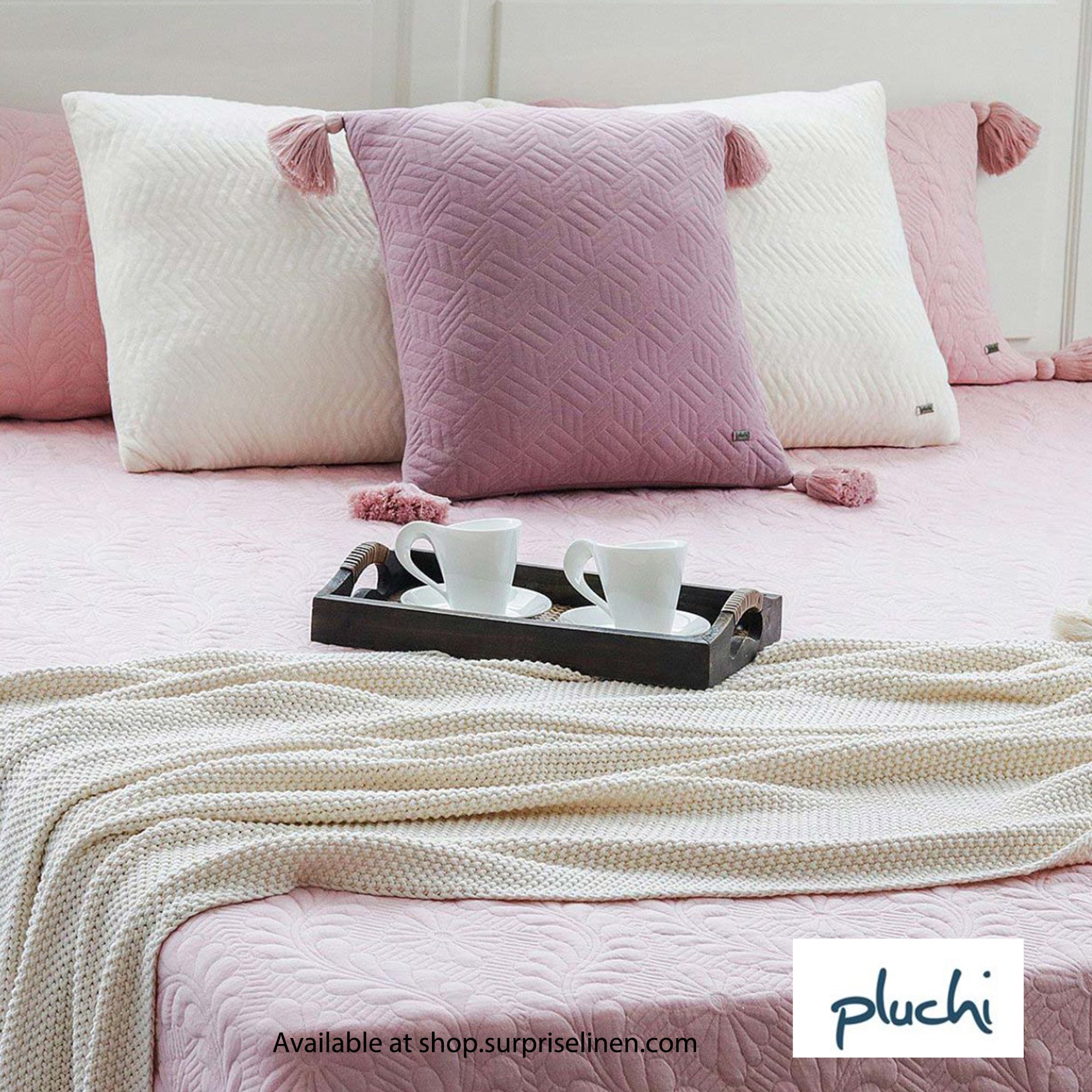 Pluchi - Floral Pink 100% Cotton Knitted King Size 3 Pcs Bed Cover Set