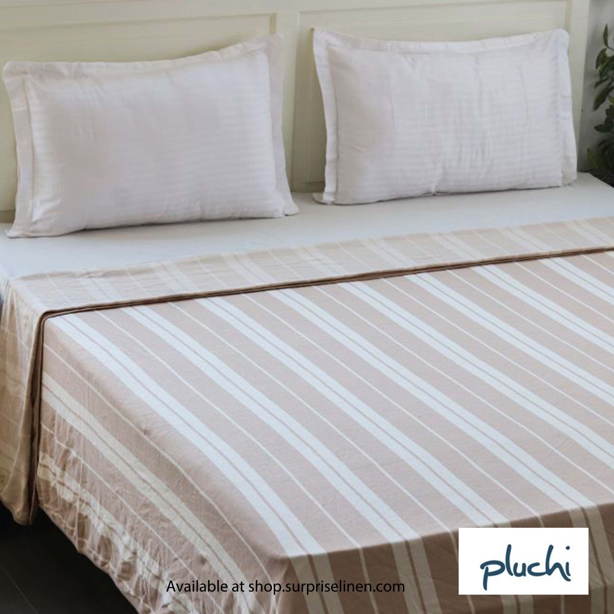 Pluchi - Wide Stripe Double Cotton Knitted Ac Blanket for Round the Year Use (Cream)