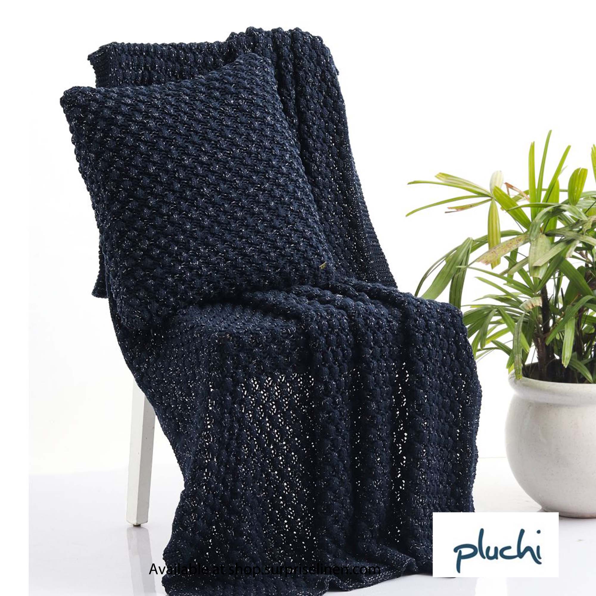 Pluchi - Popcorn Silver Metallic Yarn 100% Cotton Knitted All Season AC Throw Blanket (Navy)
