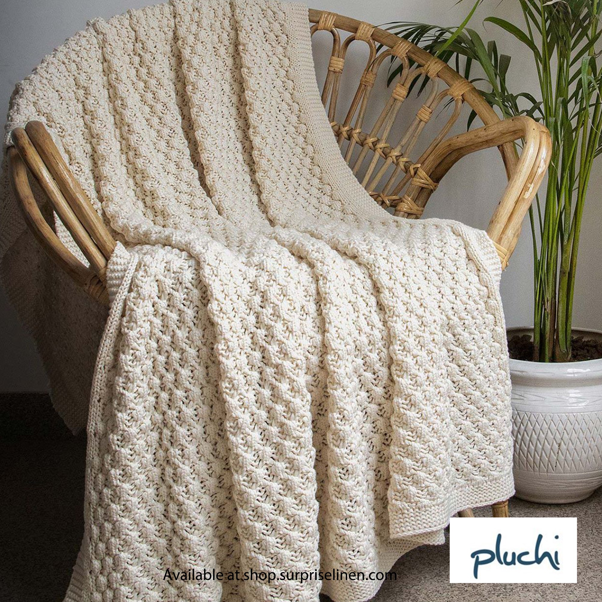 Pluchi - Popcorn Chunky Cotton Knitted Throw /Blanket for Round the Year Use (Cream)