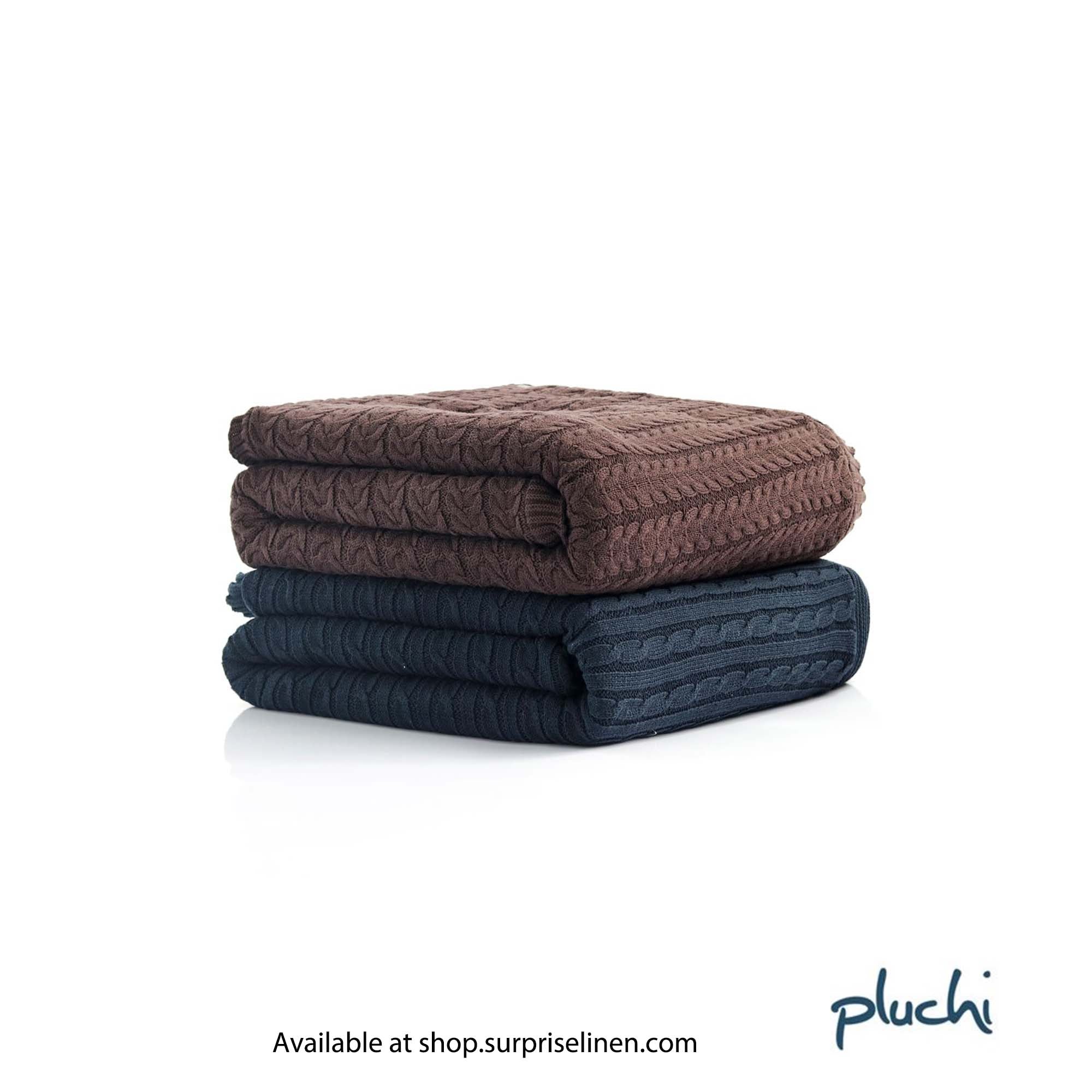 Pluchi - Mini Cable Knit Cotton Knitted Throw Blanket with Warm Sherpa Fabric Back (Navy)