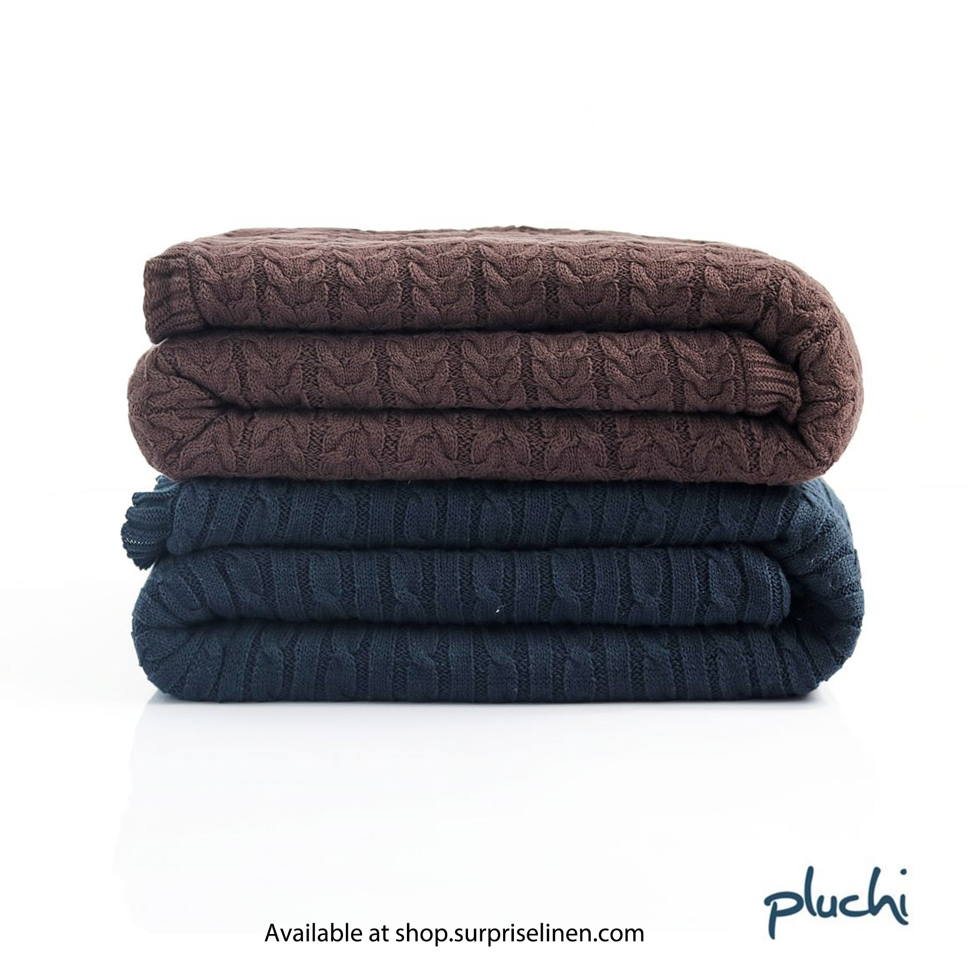 Pluchi - Mini Cable Knit Cotton Knitted Throw Blanket with Warm Sherpa Fabric Back (Brown)