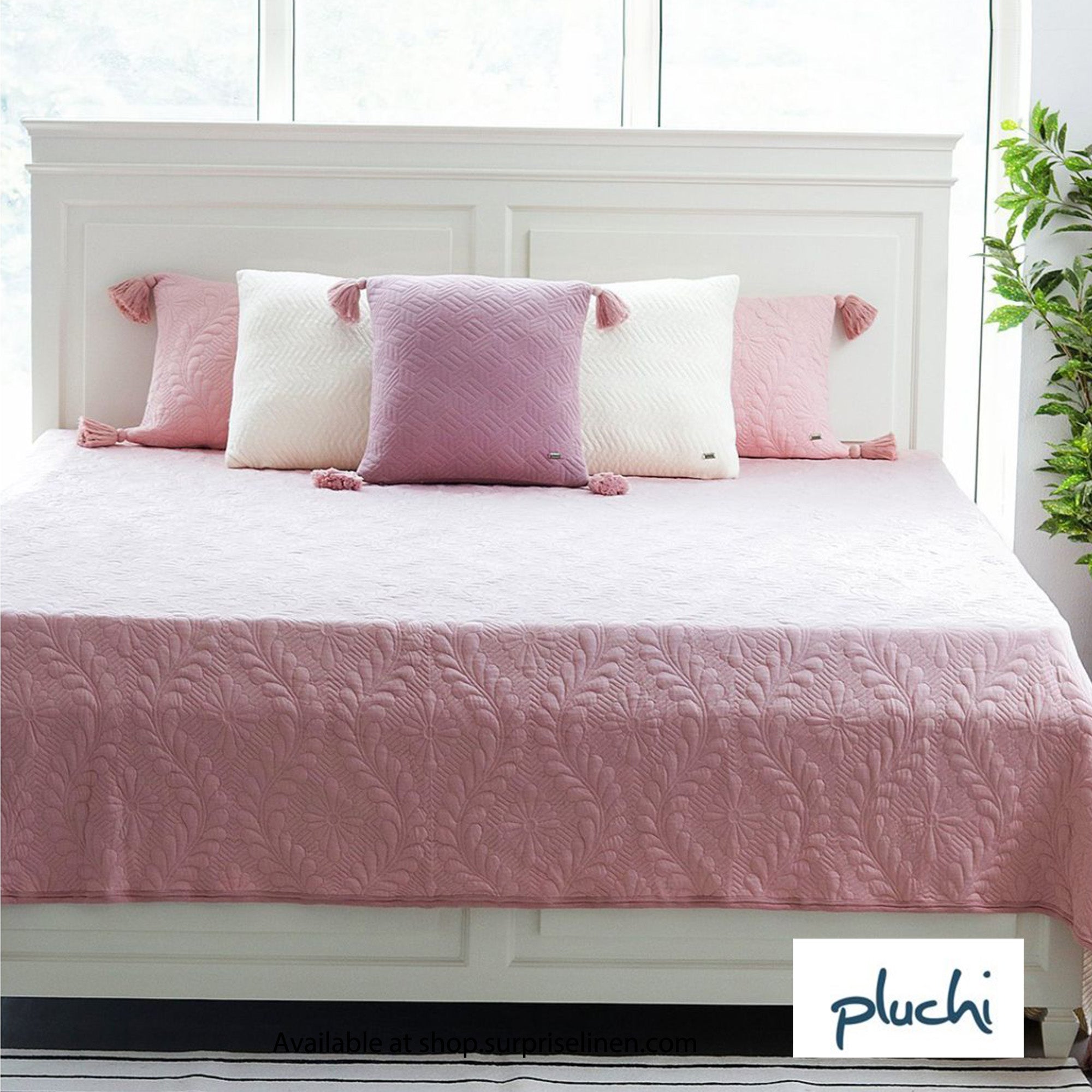 Pluchi - Floral Pink 100% Cotton Knitted King Size 3 Pcs Bed Cover Set