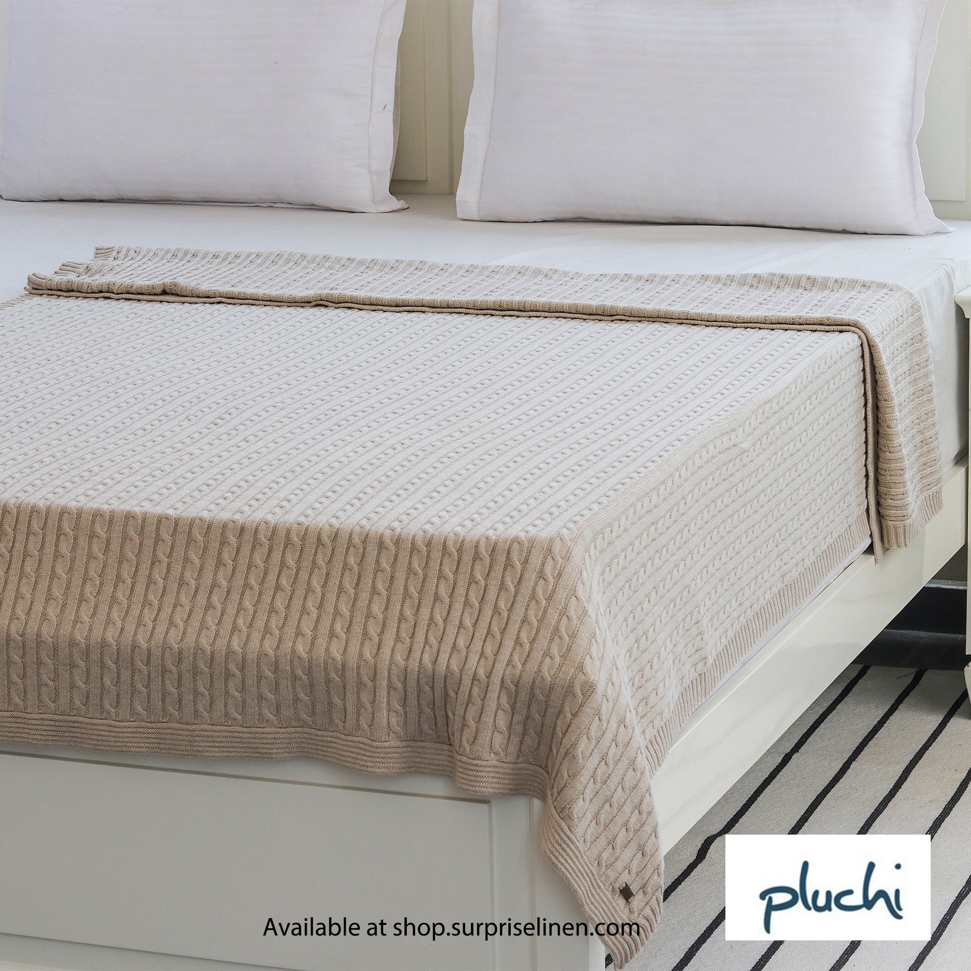 Pluchi - Cable Knit 100% Cotton Knitted AC Blanket For Round The Year Use (Beige)