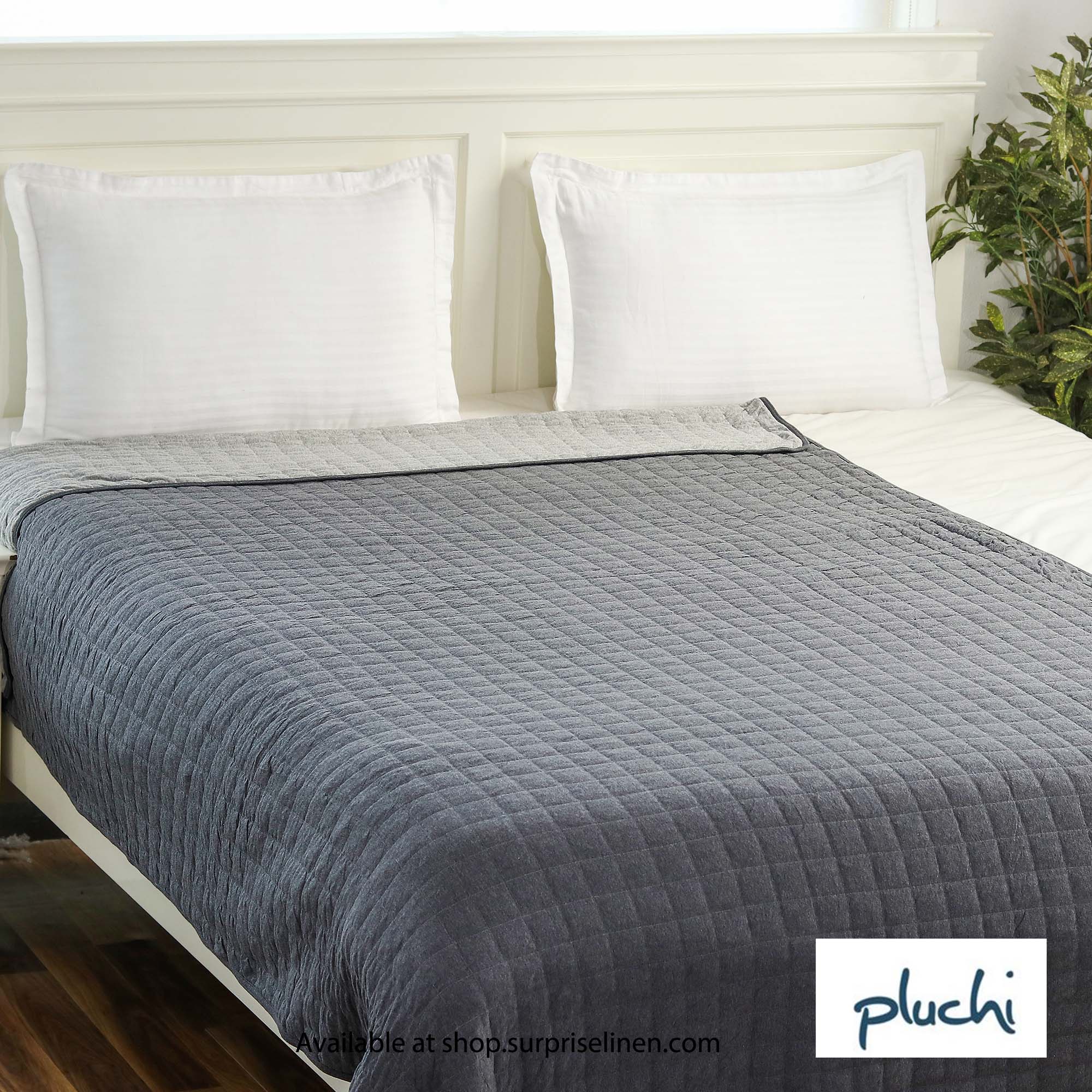 Pluchi - Square Check 100% Premium Cotton Knitted Light Weight Single Quilted Blanket (Grey)