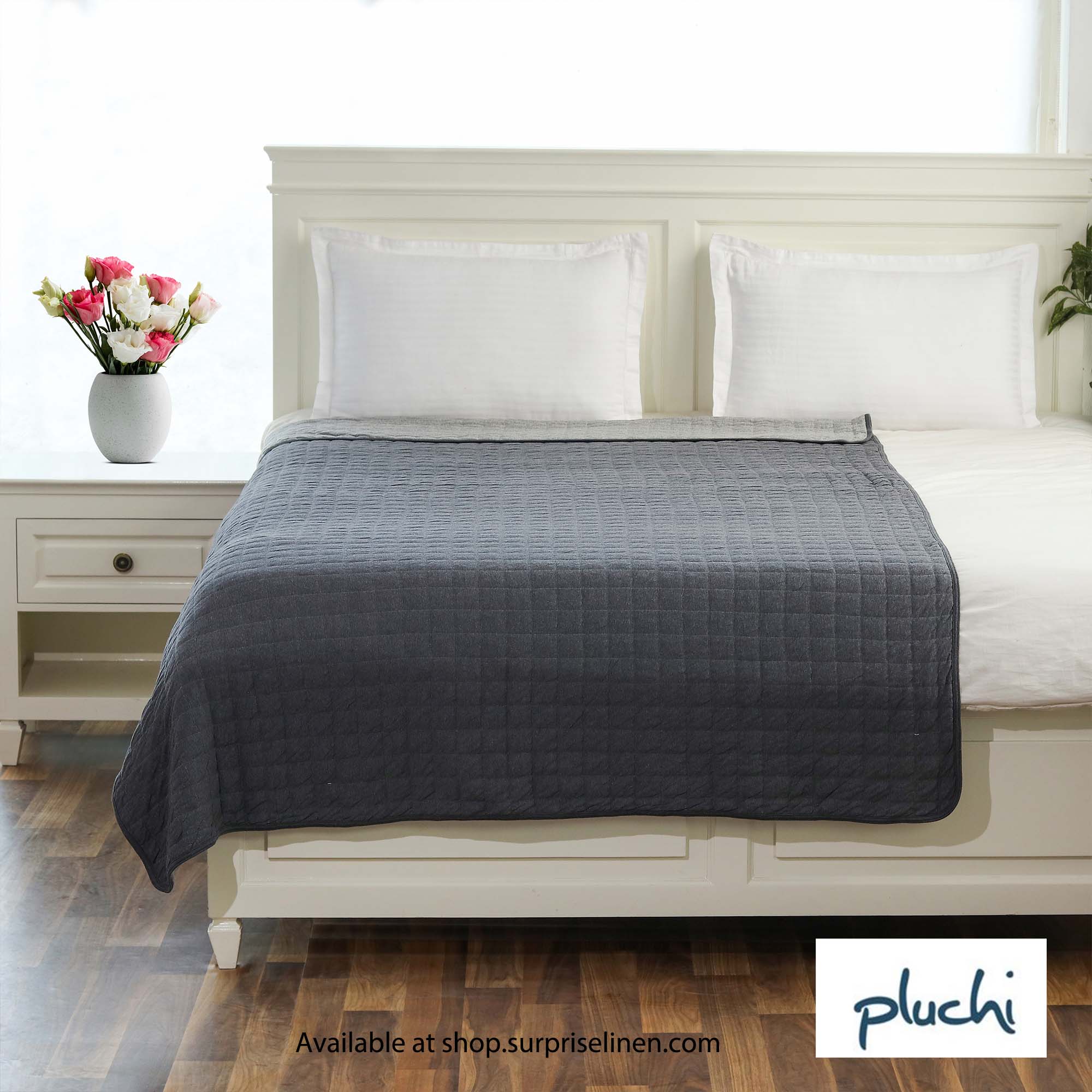 Pluchi - Square Check 100% Premium Cotton Knitted Light Weight Single Quilted Blanket (Grey)
