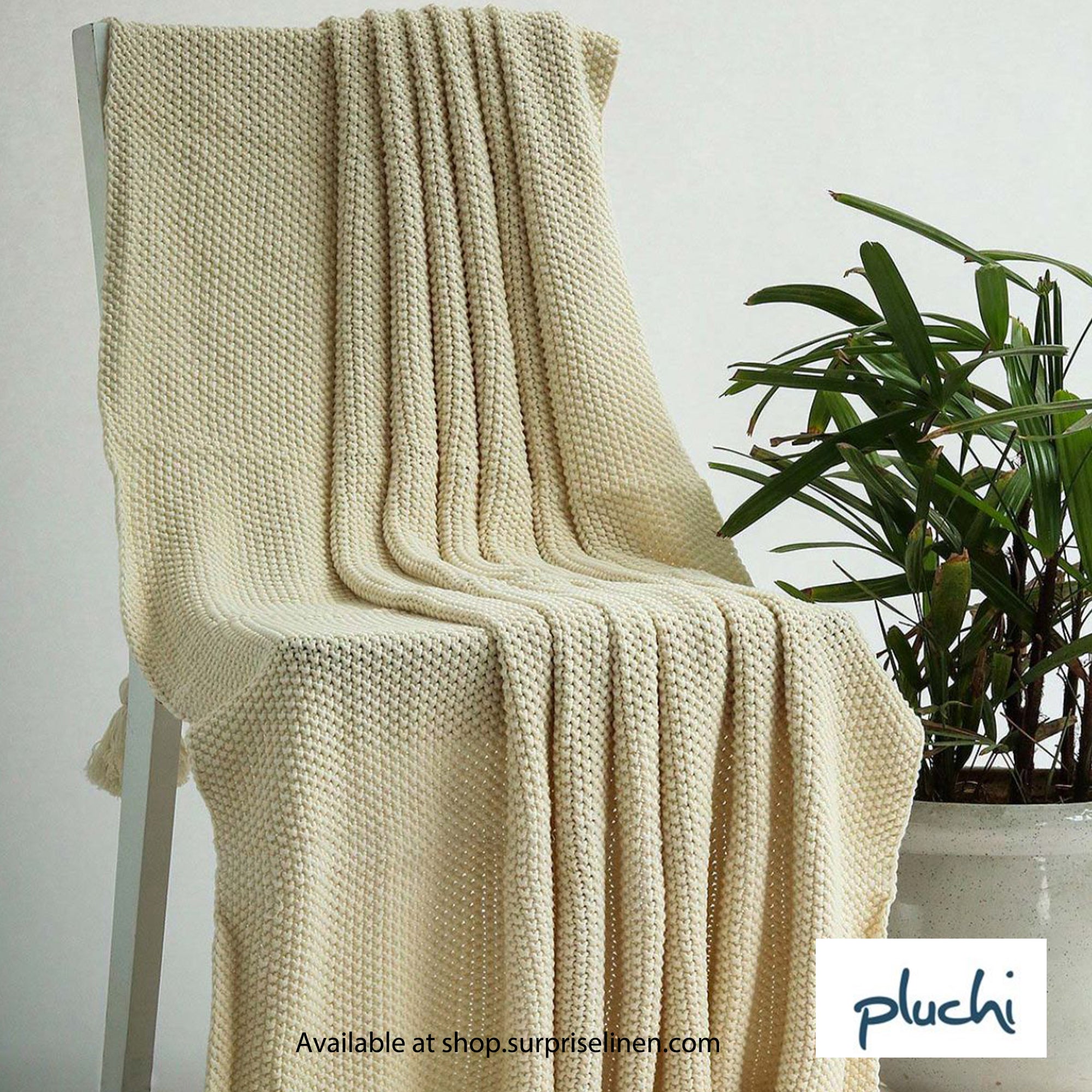 Pluchi - Seed Stitch Chunky Knit Cotton Knitted Throw / Blanket for Round the Year Use (Cream)