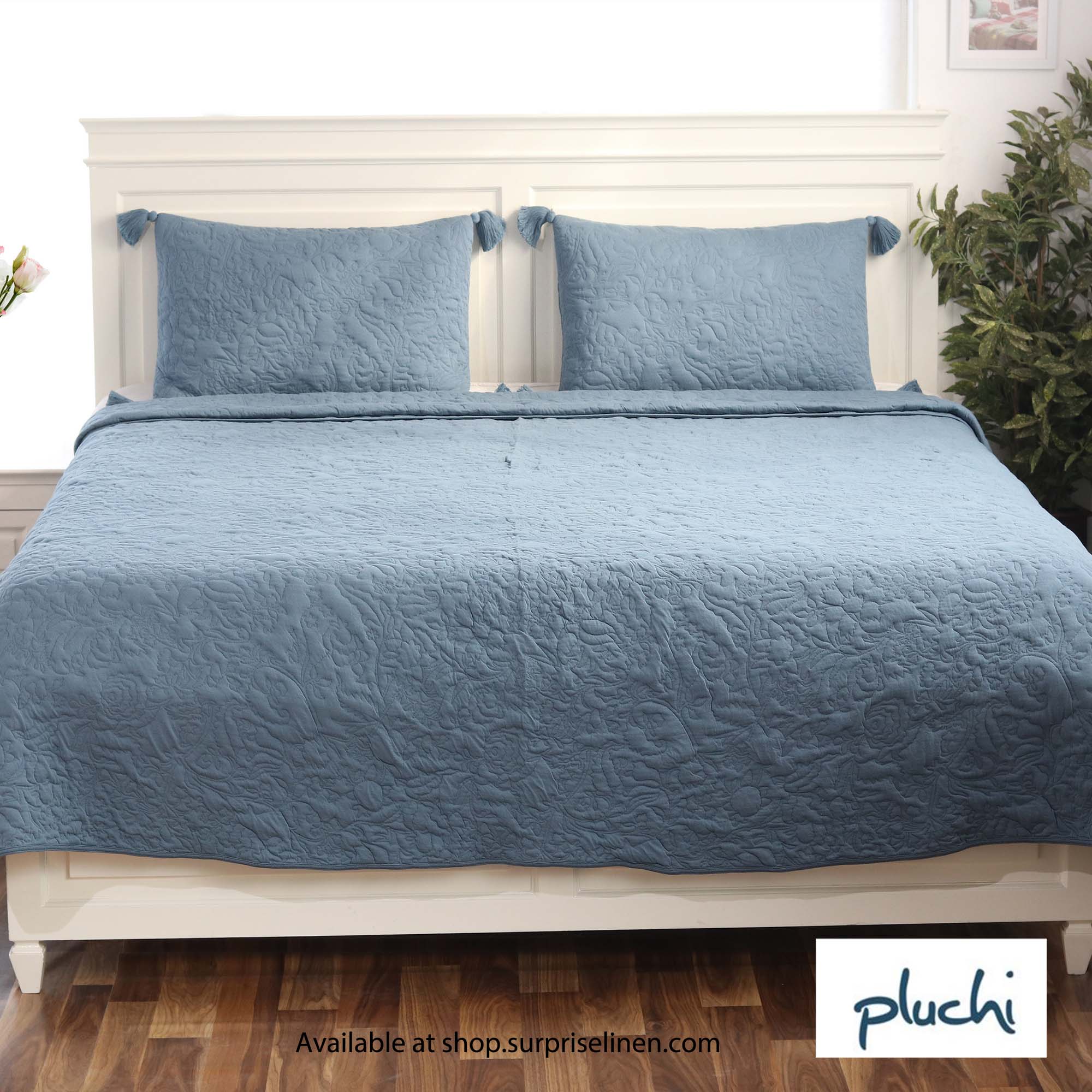 Pluchi - Summer Beauty 100% Premium Cotton Knitted 3 Pcs Bed Cover (Aegean Blue)