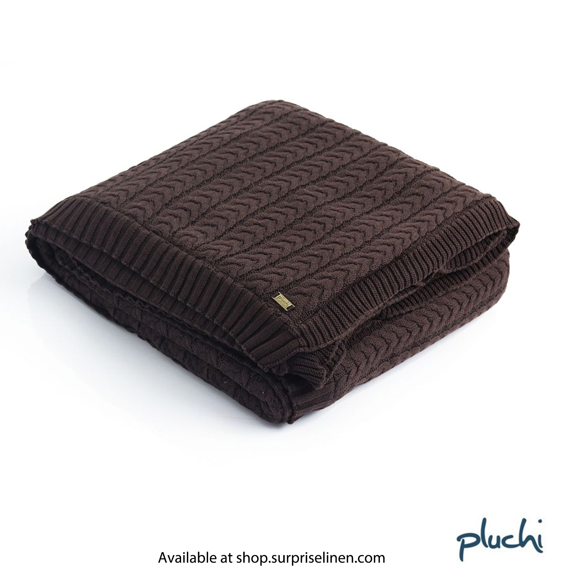 Pluchi - Mini Cable Knit Cotton Knitted Throw Blanket with Warm Sherpa Fabric Back (Brown)