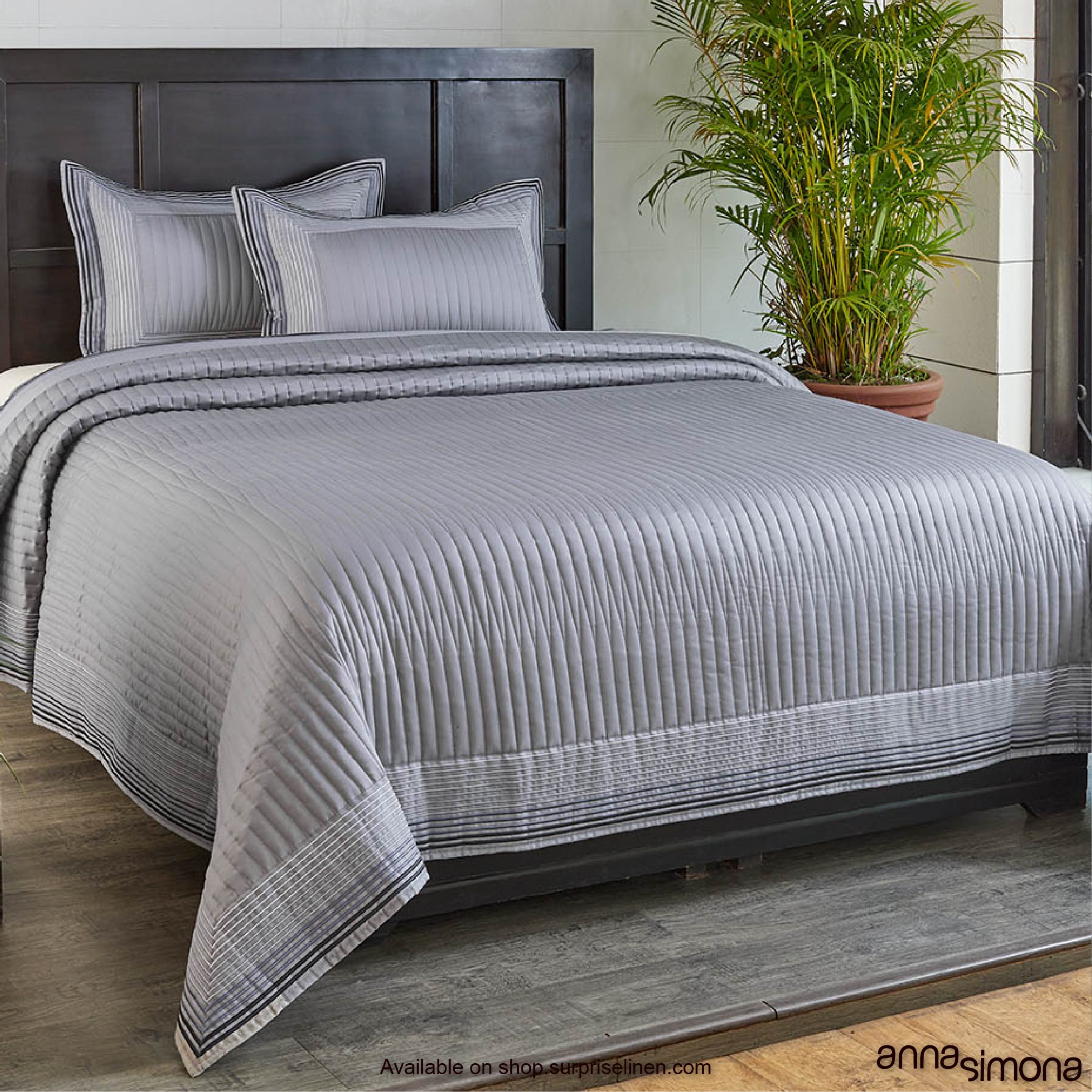 Anna Simona - Cornell 3 Pcs 400 TC Fine Cotton Satin Bed Cover Set (Grey)