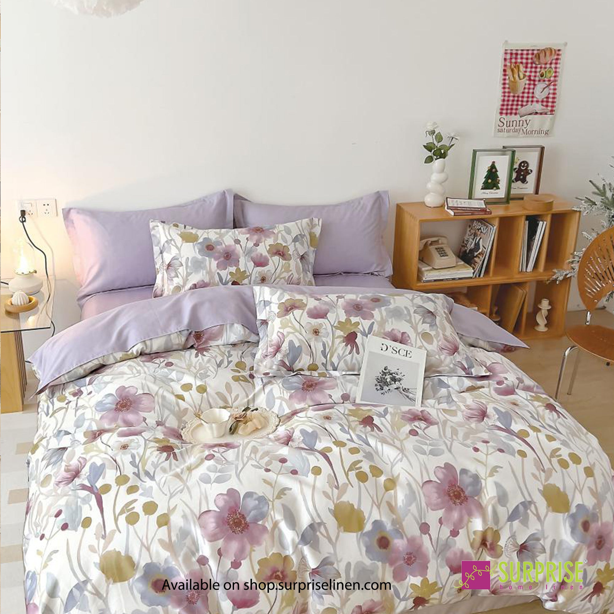 Flora Collection by Surprise Home - Super King Size 3 Pcs Bedsheet Set in 350 TC Premium Cotton Fabric (Lavender)