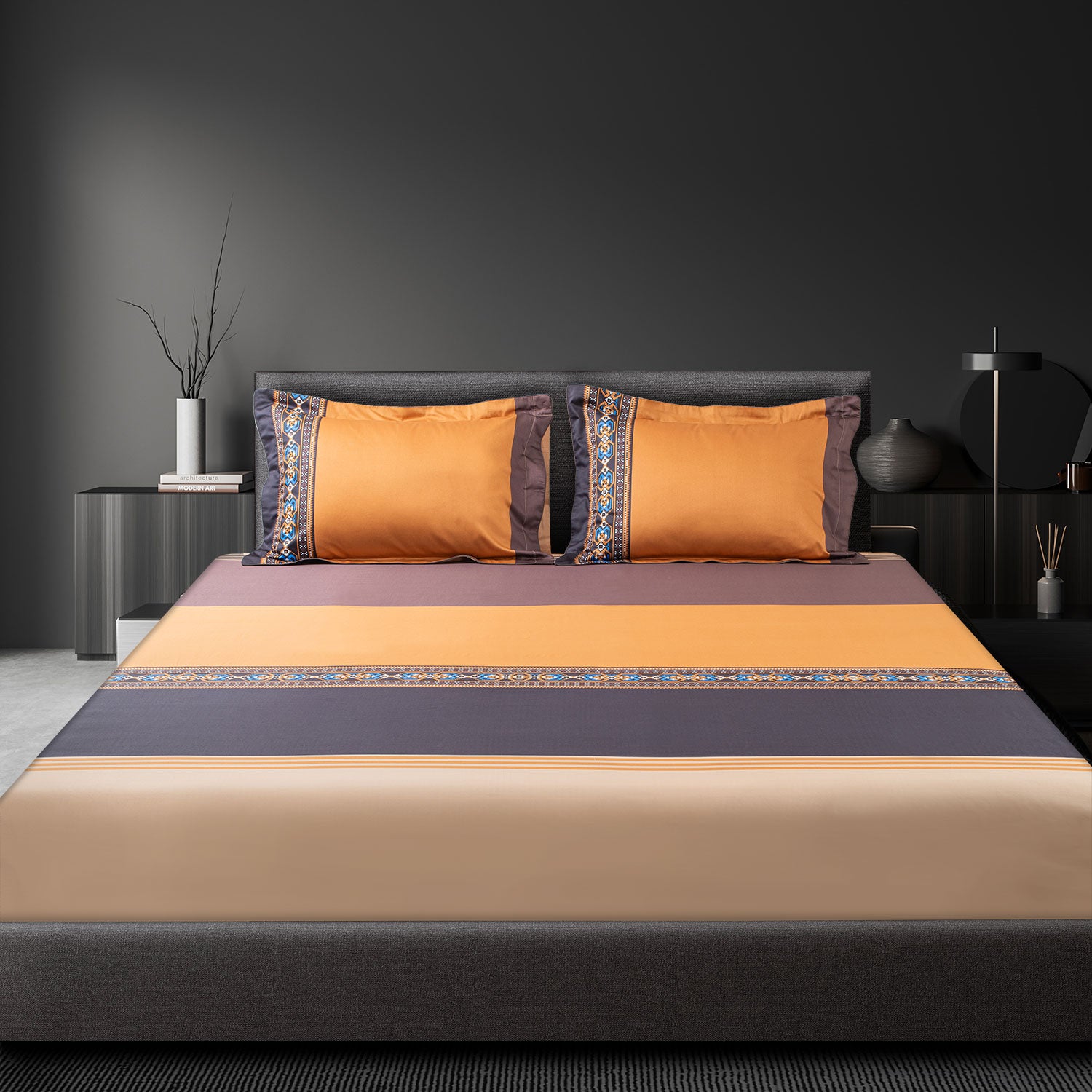 Spread Spain - Spring Summer Collection 500 Thread Count Cotton 3 Pcs Bedsheet Set (Orange & Brown)