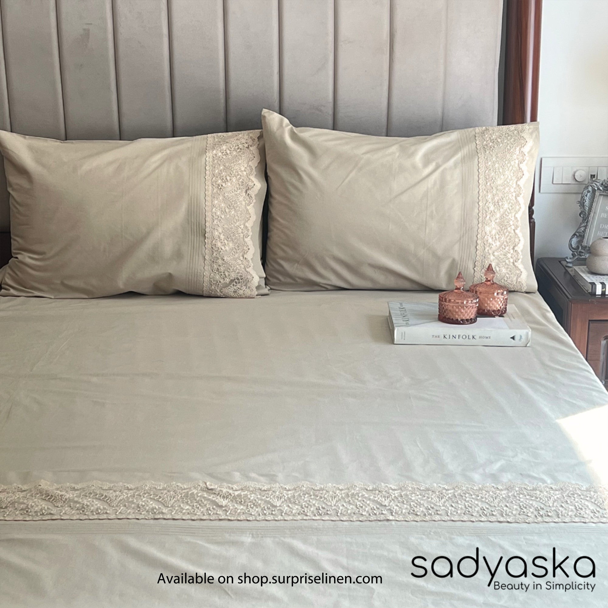 Sadyaska - Chantilly Collection Cotton Embroidered Lace Bed Sheet (Beige)