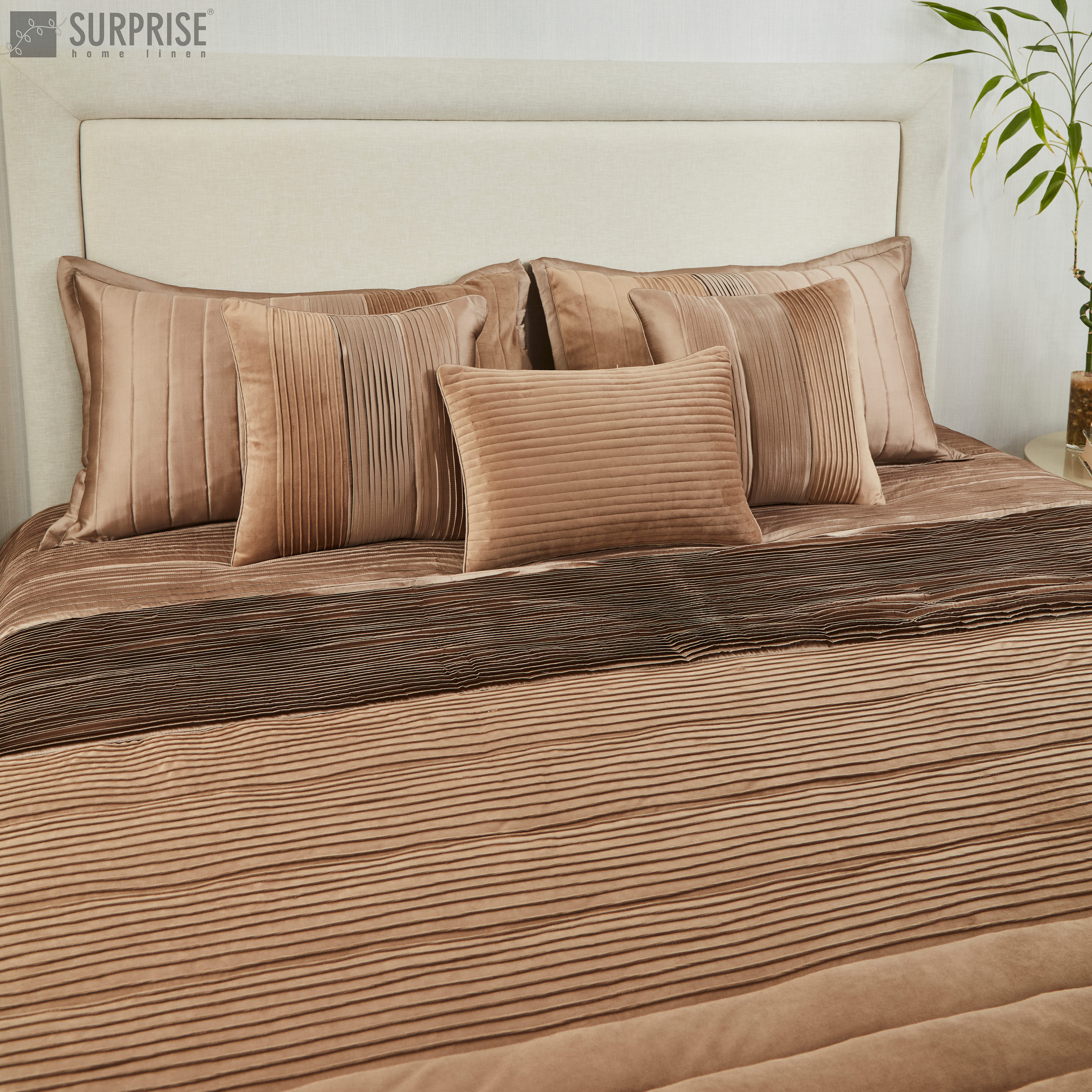 Surprise Home - Exclusive Pintucks 6 Pcs Quilted Bed Cover set (Light Brown)