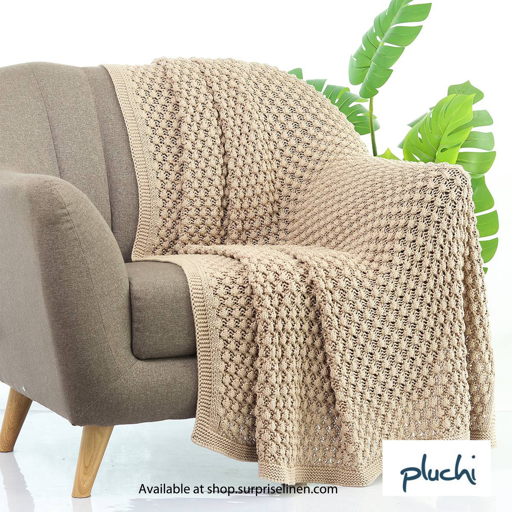 Pluchi - Popcorn Knit Cotton Knitted Throw /Blanket For Round The Year Use (Light Beige)