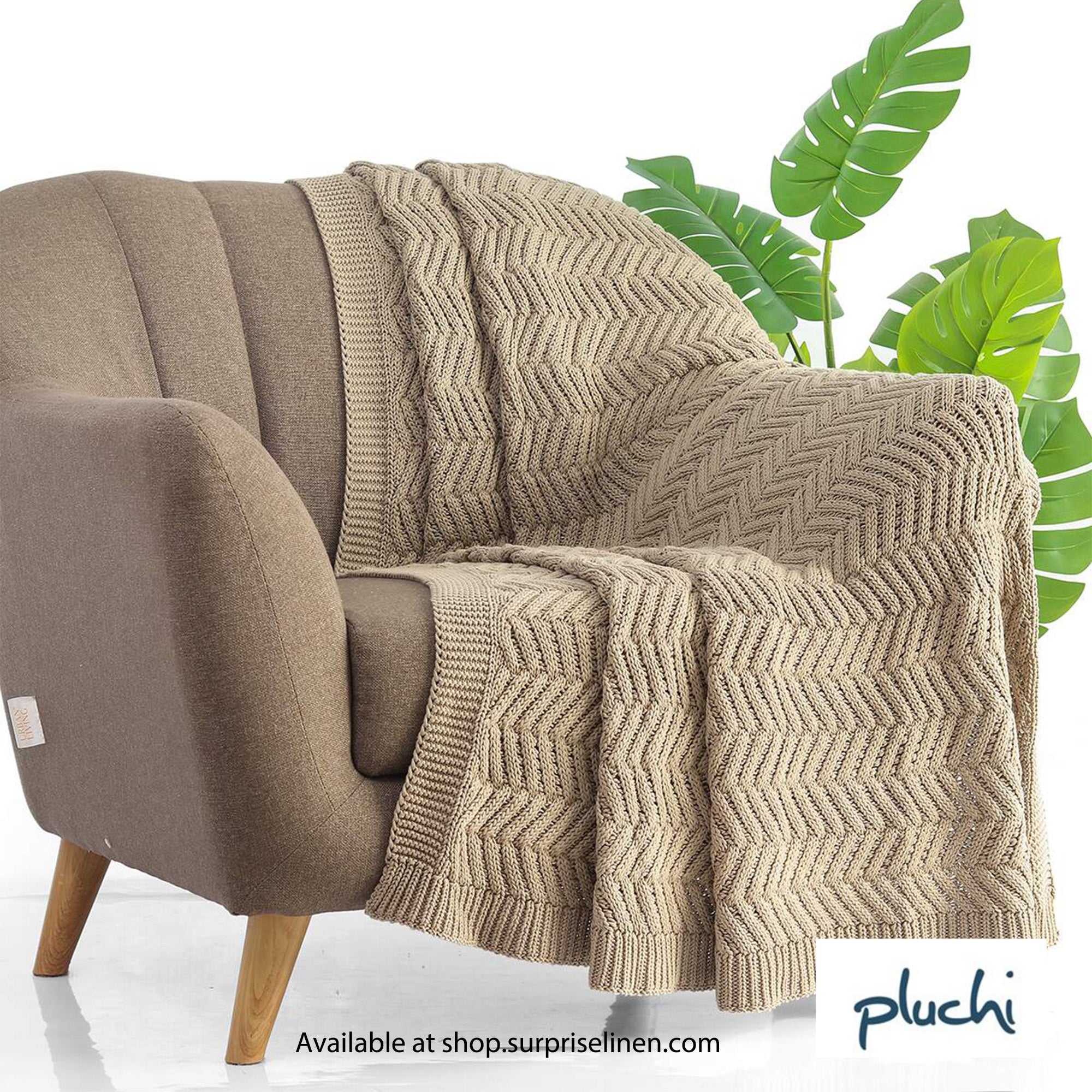 Pluchi - Chevron Cotton Knitted Throw /Blanket For Round The Year Use (Oatmeal)